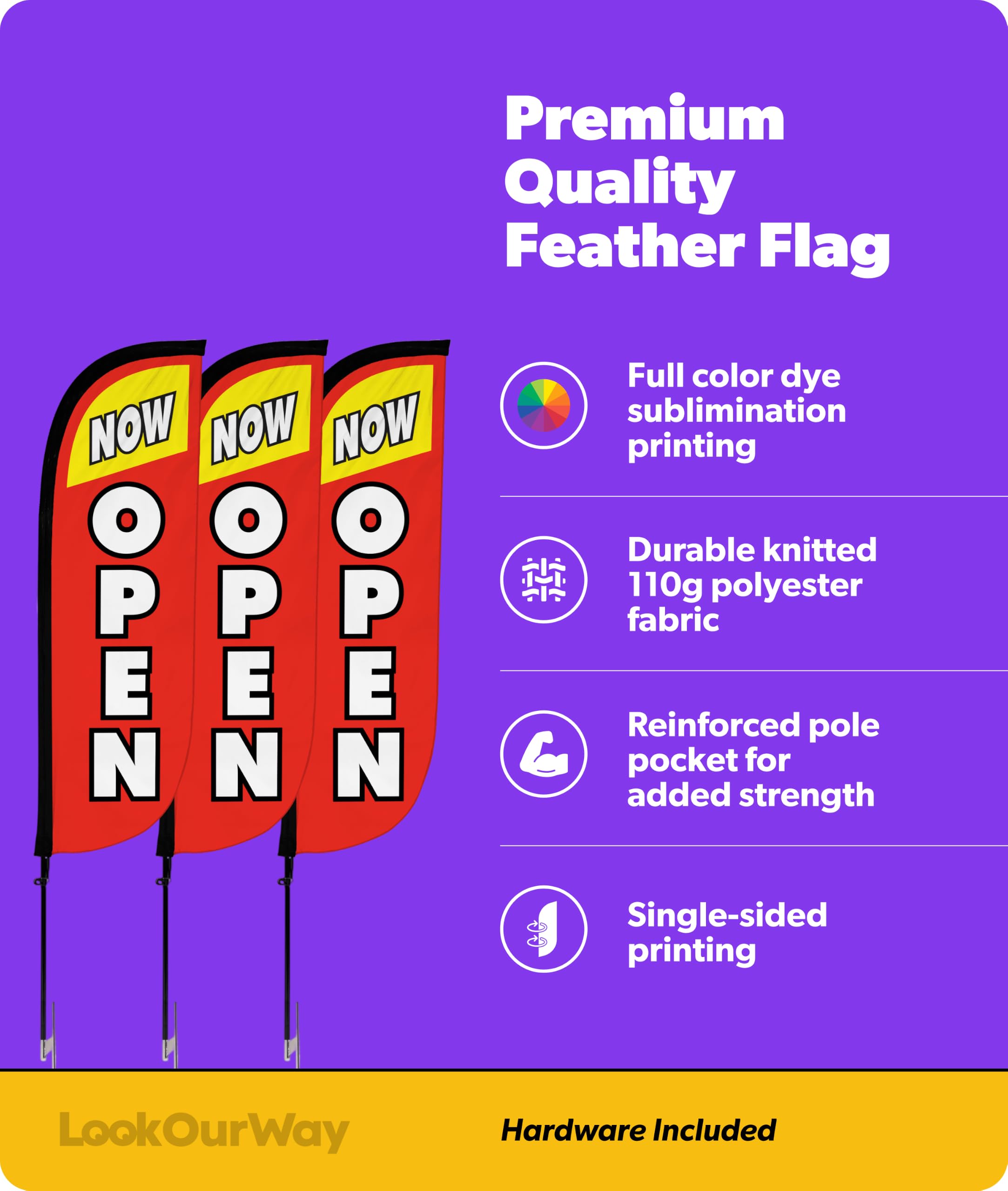 LookOurWay 152 cm große Federflagge mit großer Eröffnung für geschäftliche Werbung, 3er-Pack: Enthält 3 Bannerflaggen, 3 Aluminium-Fiberglas-Stangen-Sets und 3 Erdspieße (jetzt offen, rot/gelb)