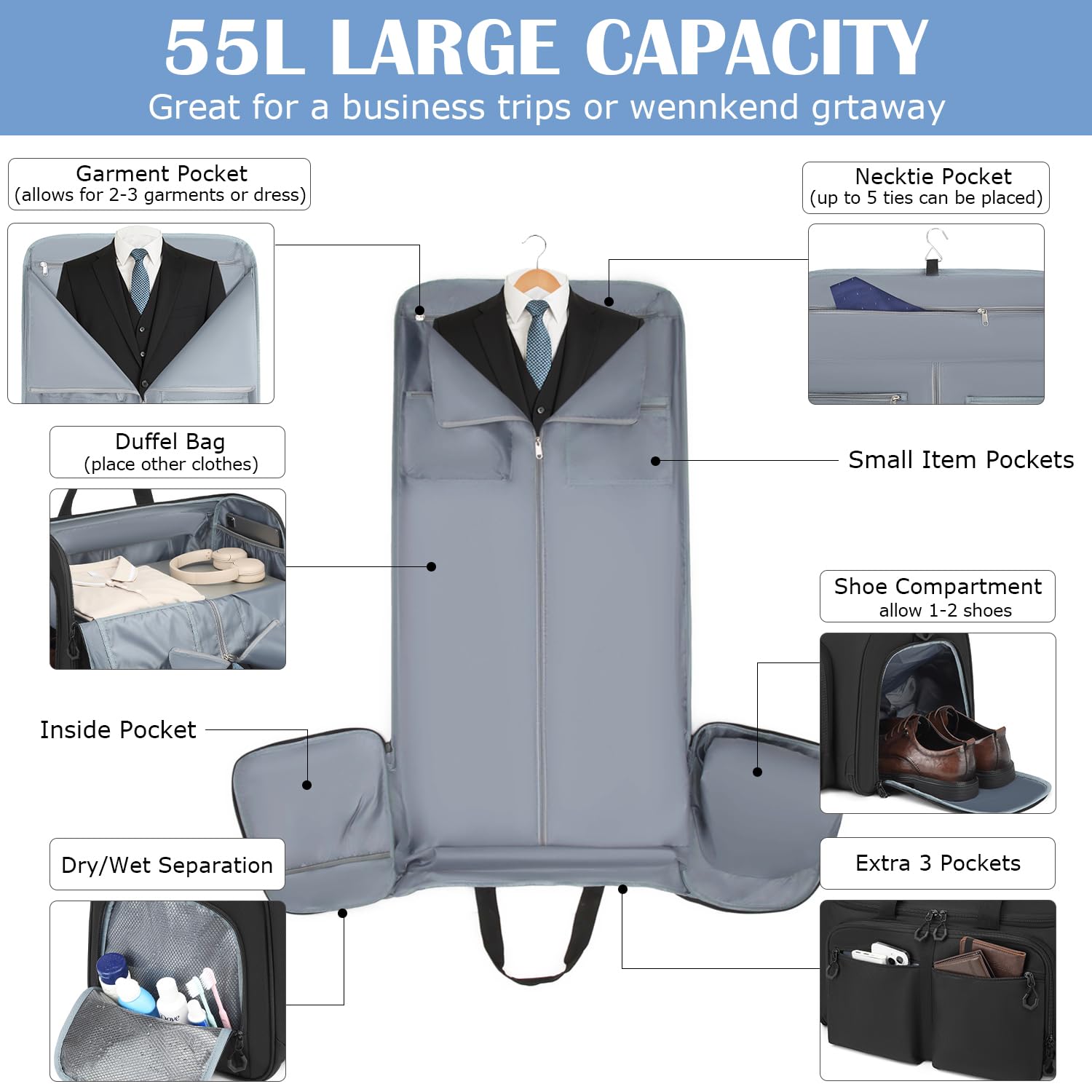 Sac à vêtements convertible unisexe pliable 2 en 1 Sac de voyage Bagage à main pour affaires, sport, week-end