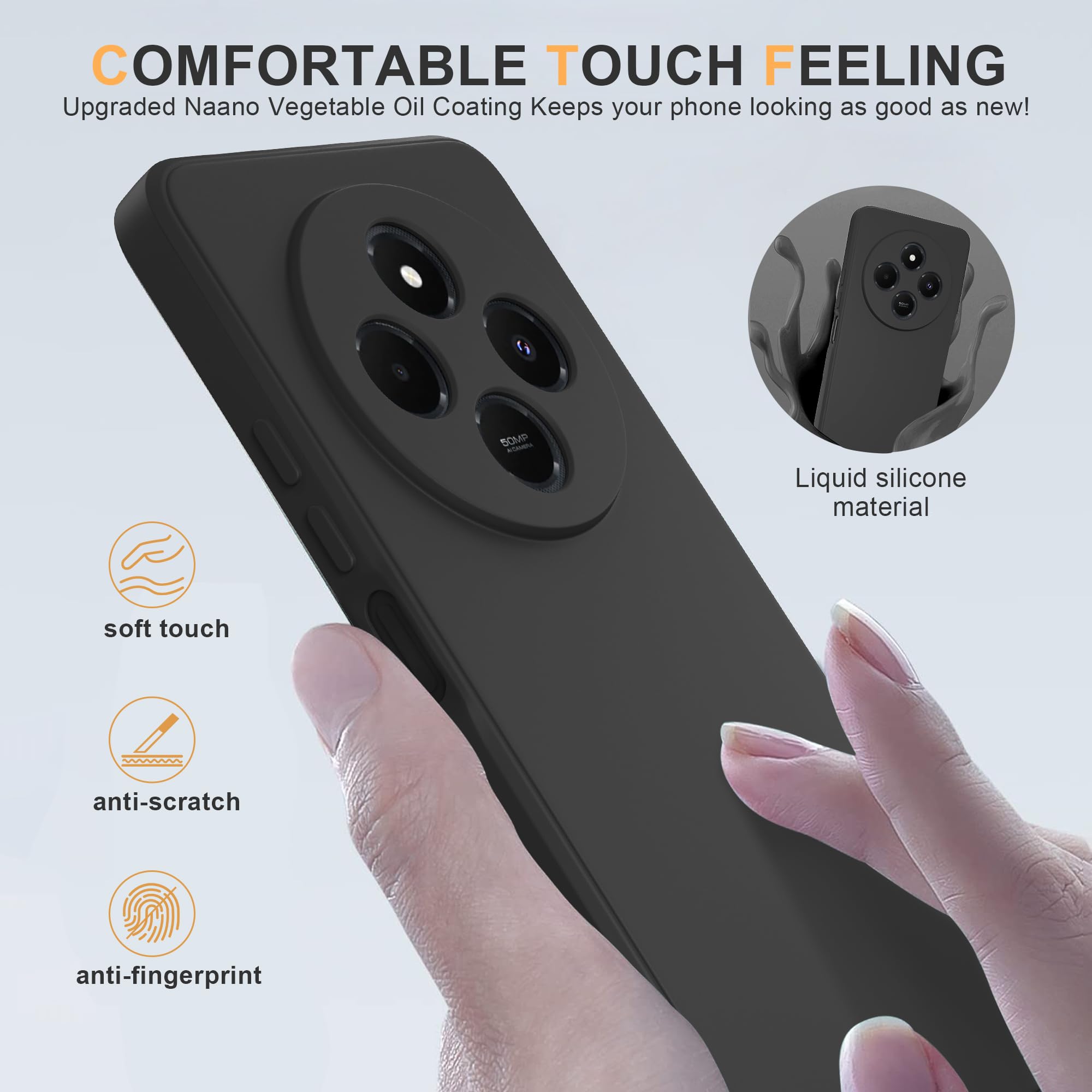 Cover per Xiaomi Redmi 14C con Protettiva in Vetro Temperato, Silicone TPU Custodia 360 Antiurtfio Gradi,Nero