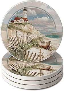 Thirstystone Beach Lighthouse 4 Pack Round Stone Coasters with Protectiv...