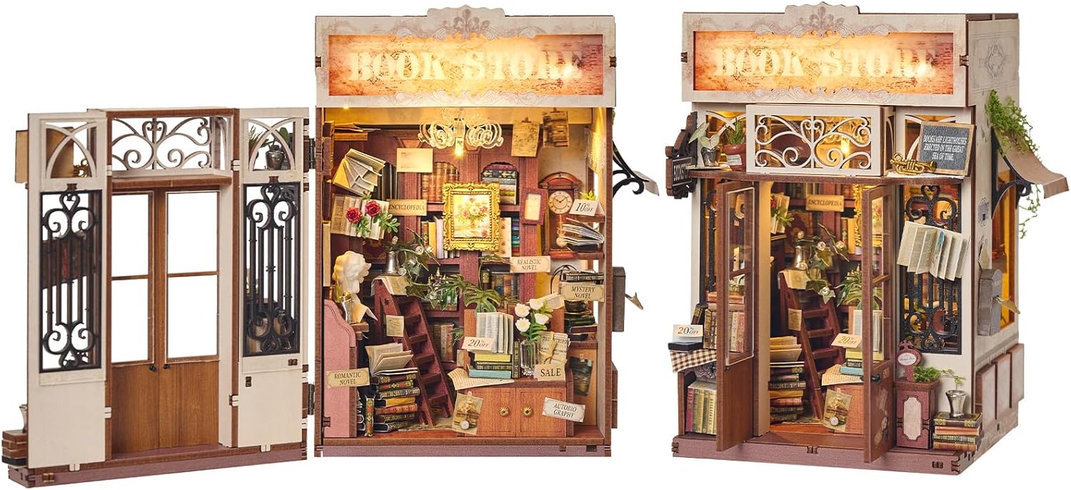 Book Nook Kit - DIY Miniature House Dollhouse Kit for Adults, Booknook Library Bookstore Tiny House Bookshelf Decor 3D Wooden Puzzle, Gifts for Family and Friends (Book Store)