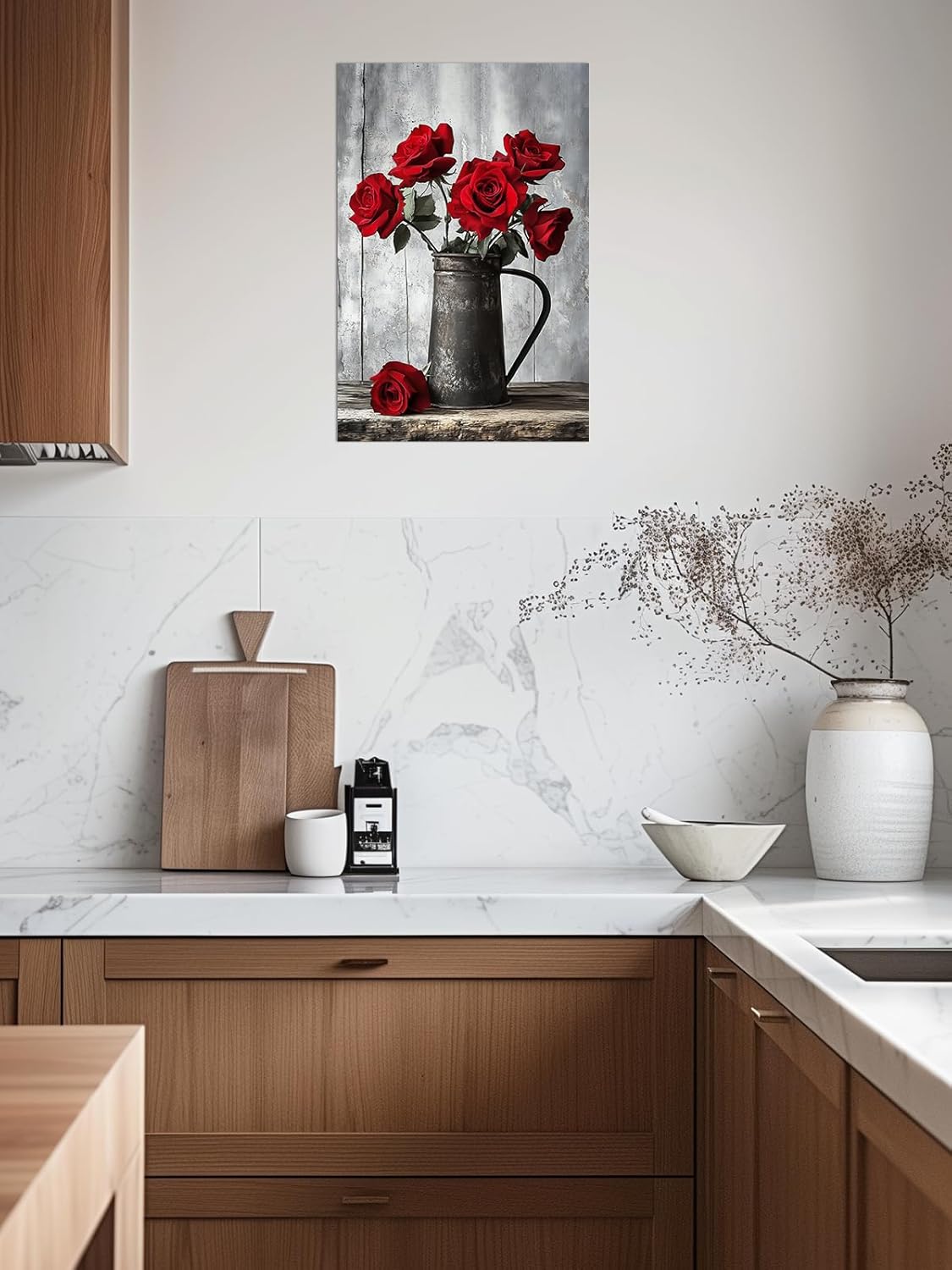 PLIDAAYO Red Rose Wall Art Rustic Black and White Red Flower Canvas Print Picture Vintage Vase Poster Farmhouse Floral Painting for Living Bedroom Bathroom Home Decor(Flo-01,16"x24")