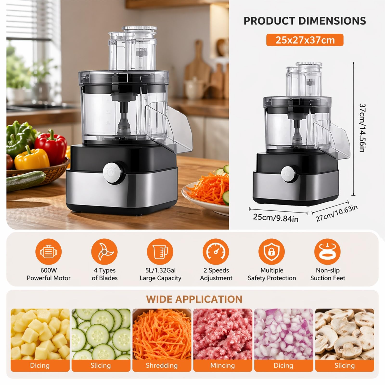 Cortaverduras Eléctrico Profesional 600W, Robot de Cocina Multifunción 5L, Picadora de Carne y Dados 5 en 1 con 5 Rejillas, Perfect para Hostelería y Restaurante