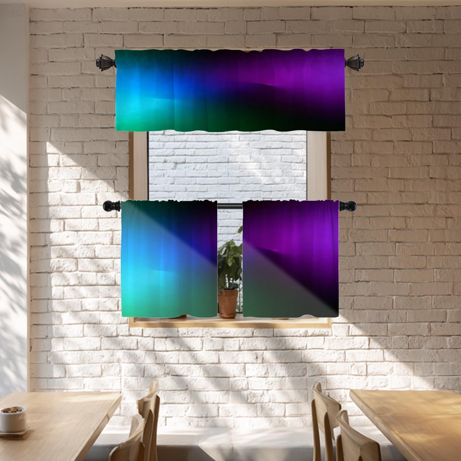 Batmerry Purple Teal Blue Green Kitchen Valances Half Window Curtain, Fancy Green Teal Black Kitchen Valances for Windows Bedroom Heat Insulated Valance for Decor Reducing The Light 52x18 Inch