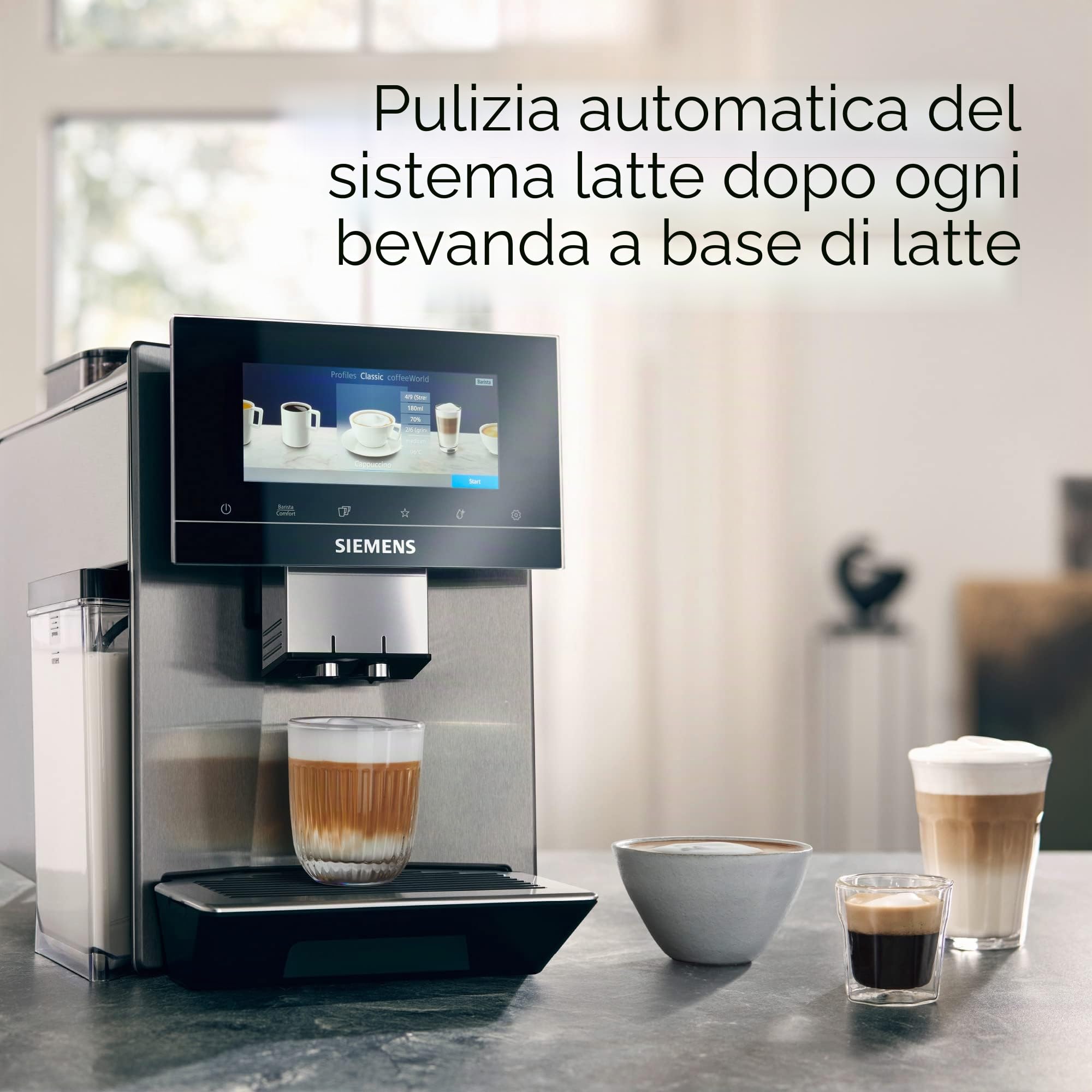 Siemens Macchina da caffè EQ900 TQ907D03, controllo app, display full touch, modalità barista, riduzione del rumore, fino a 10 profili, pulizia automatica del vapore, 2 contenitori per fagioli, 1500
