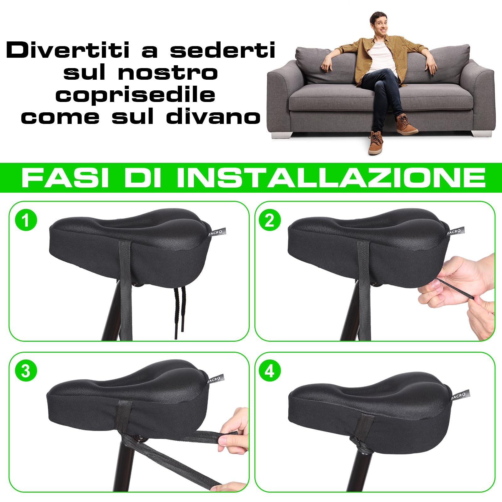 Zacro Coprisella Bici Gel Extra Morbido-Copri Sella Bici Imbottito Antiscivolo，Coprisella Cyclette Compatibile Peloton，Unisex per Interni/Esterni，MTB E-Bike Spinning，Impermeabile con Design Ergonomico