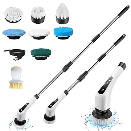 Electric Spin Scrubber, Cordless Bath Tub Scrubber with Long Handle & 7 Replaceable Heads, Detachable as Short Handle, Power Shower Cleaning Brush Household Cleaning Tools for Bathroom & Tile Floor