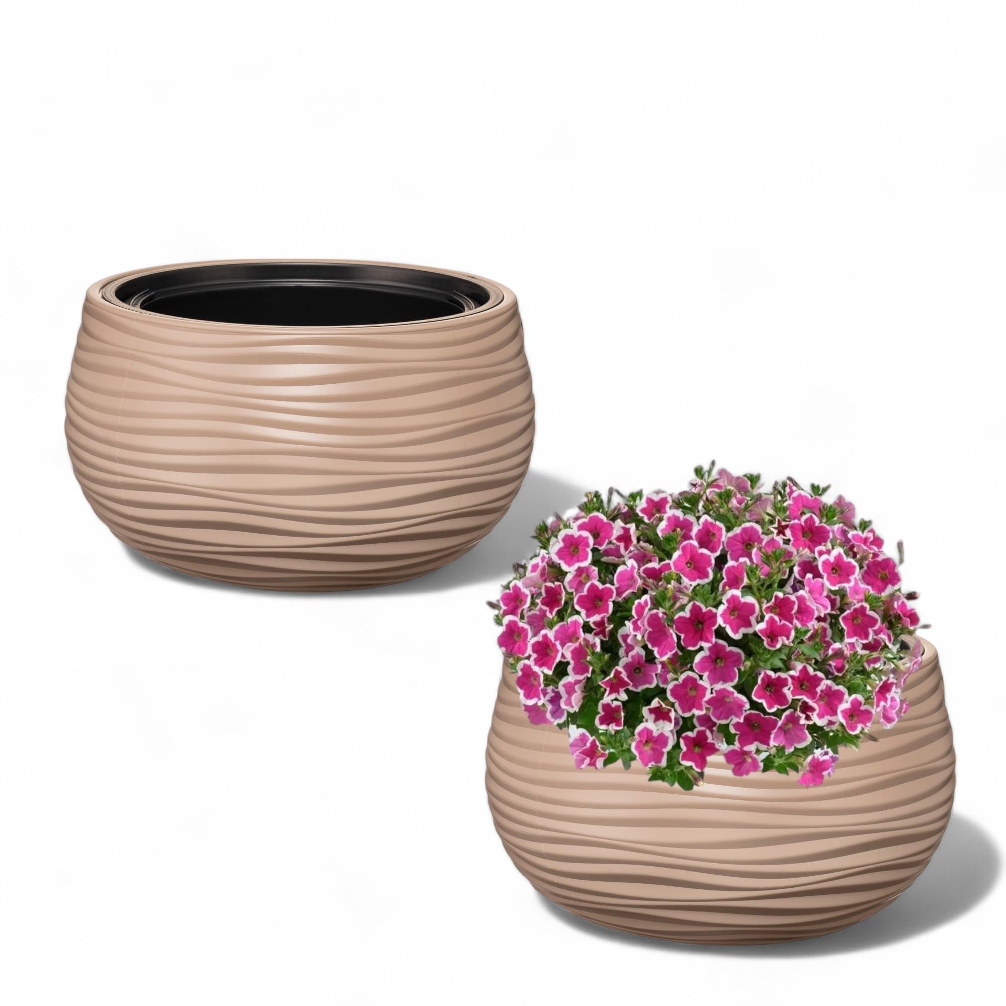 MELTOM Vaso Da Fiori Con Inserti Rimovibili – Effetto Onde 3D, Tortora, Per Interni/Esterni, 32x20 Cm