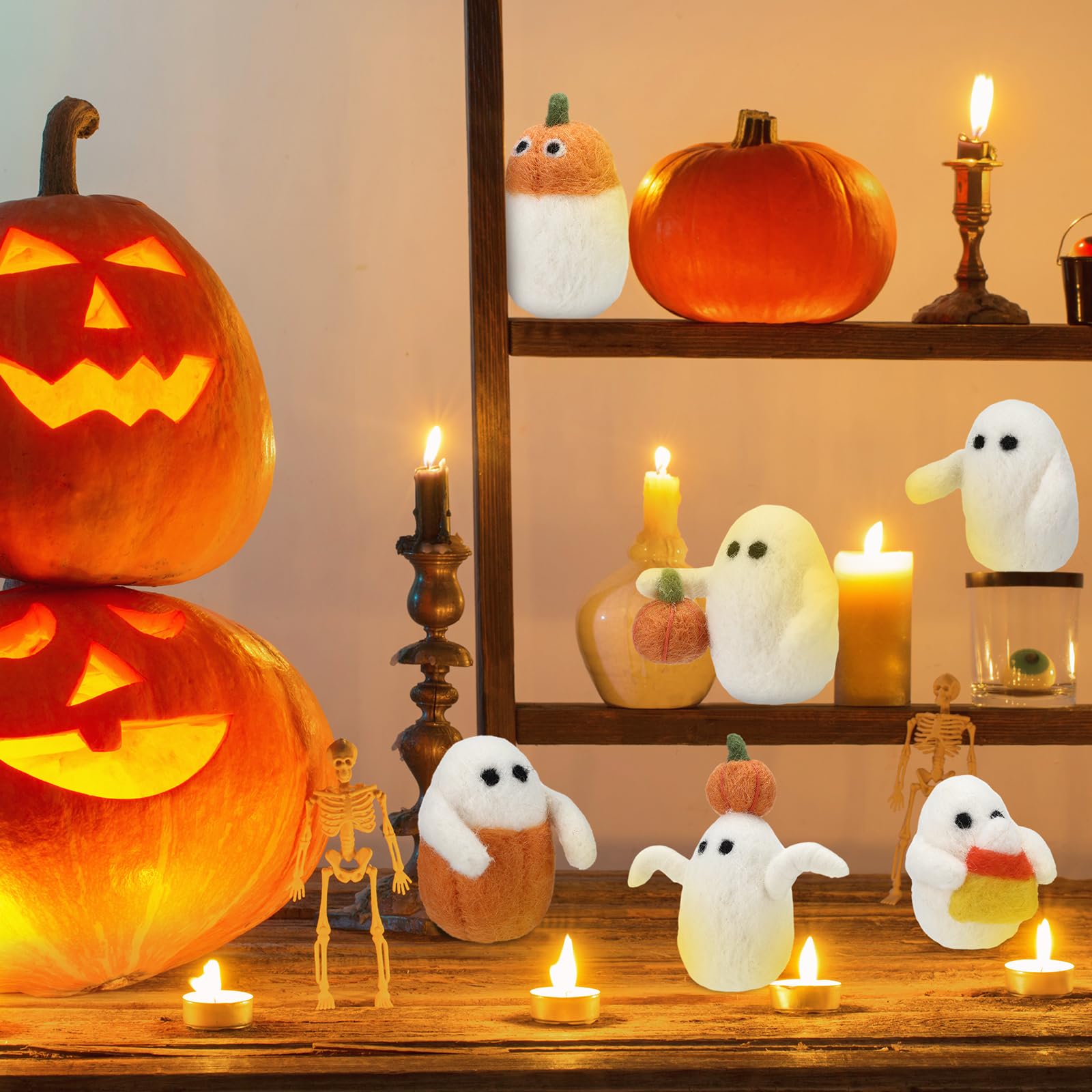 Decoración De Halloween - Fantasmas De Sherpa Iluminados Con Calabaza, Luz LED, Para Interior Y Mesa