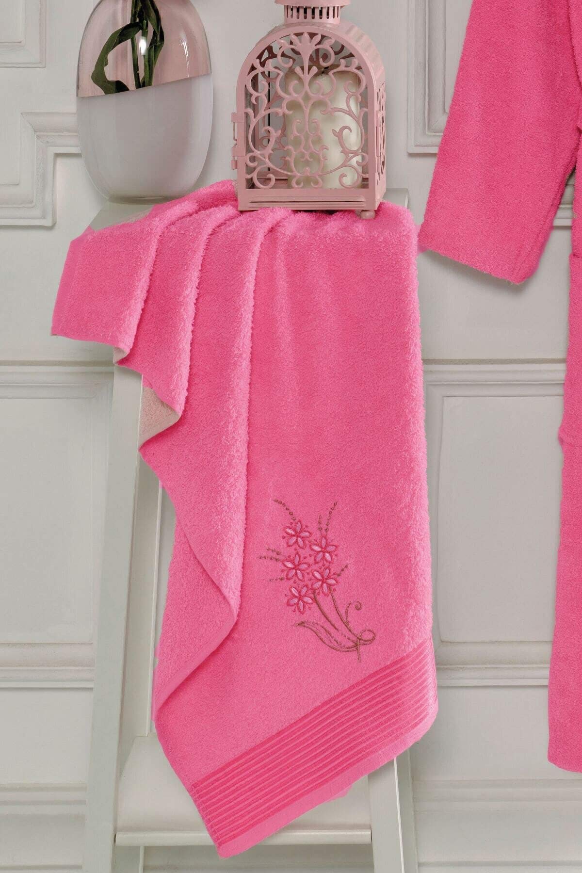 Elmira Textile Şalyaka Kadın Erkek Pamuklu Havlulu Banyo Bornoz Takımı L/XL Fuşya