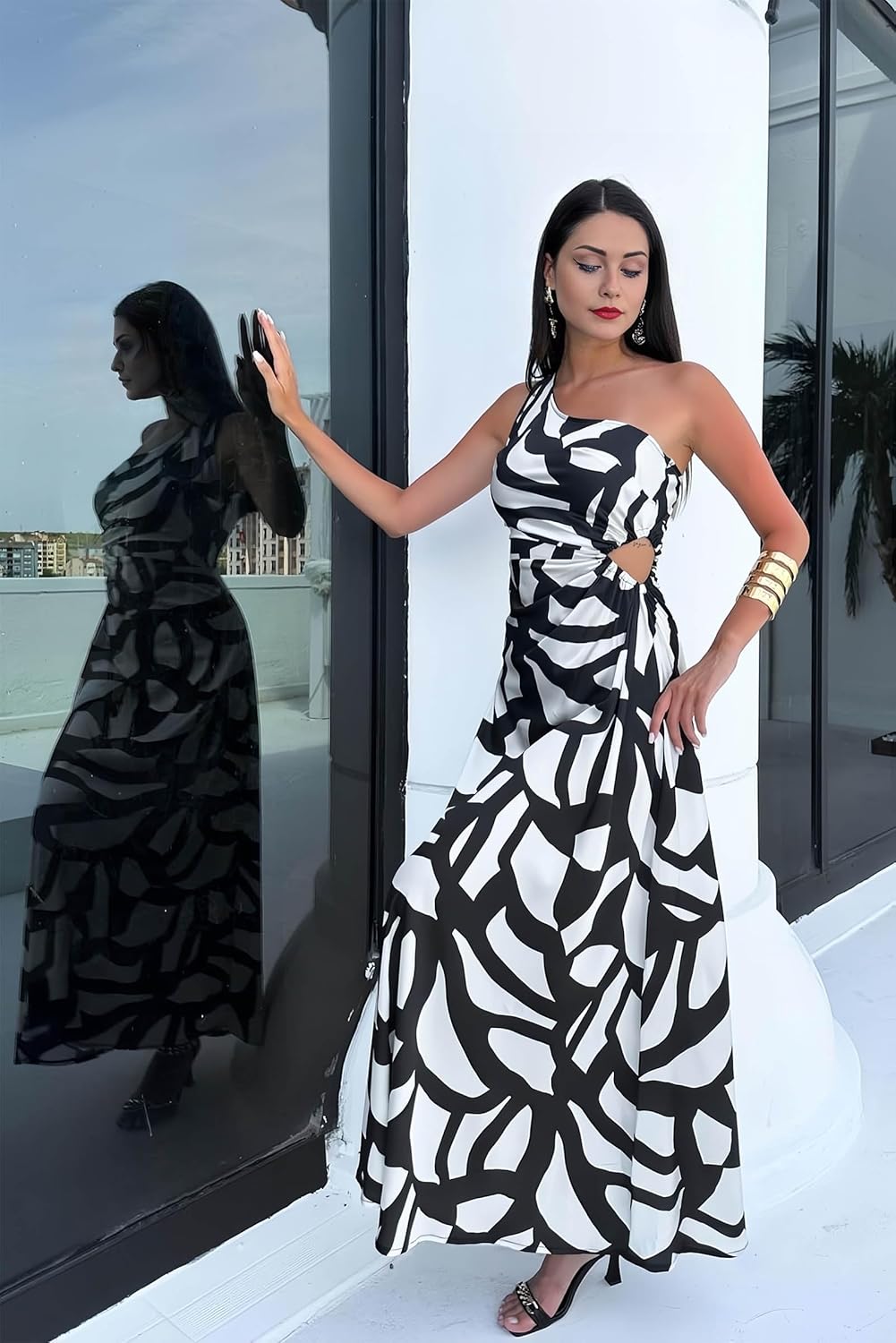 One Shoulder Dress for Women 2026 Summer Print Sleeveless Cut Out Ruched Party Bodycon Maxi Dresses - Image 2