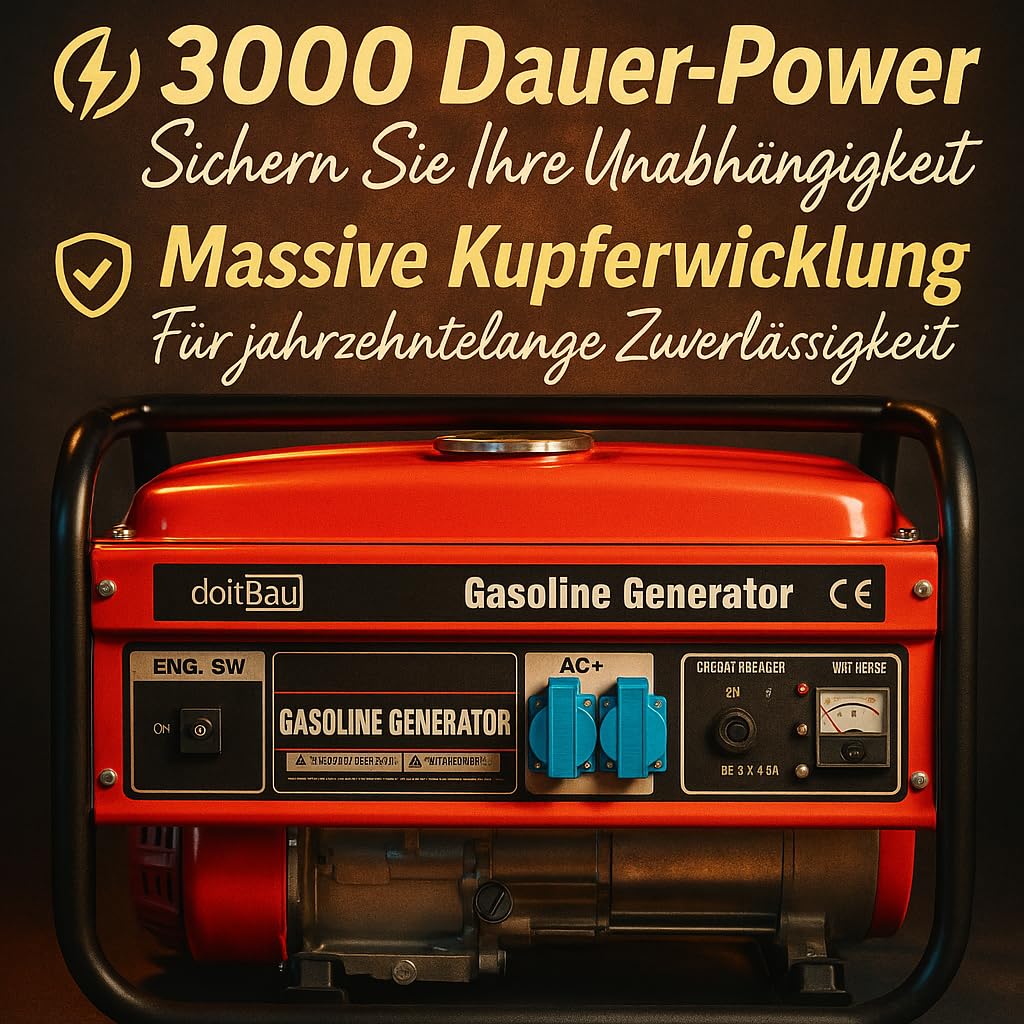 Generador de energía de gasolina de 3000 W, motor BS170F de 4 tiempos, tanque de 15 l, 10 horas de funcionamiento, ideal para obras de construcción, camping y energía de emergencia