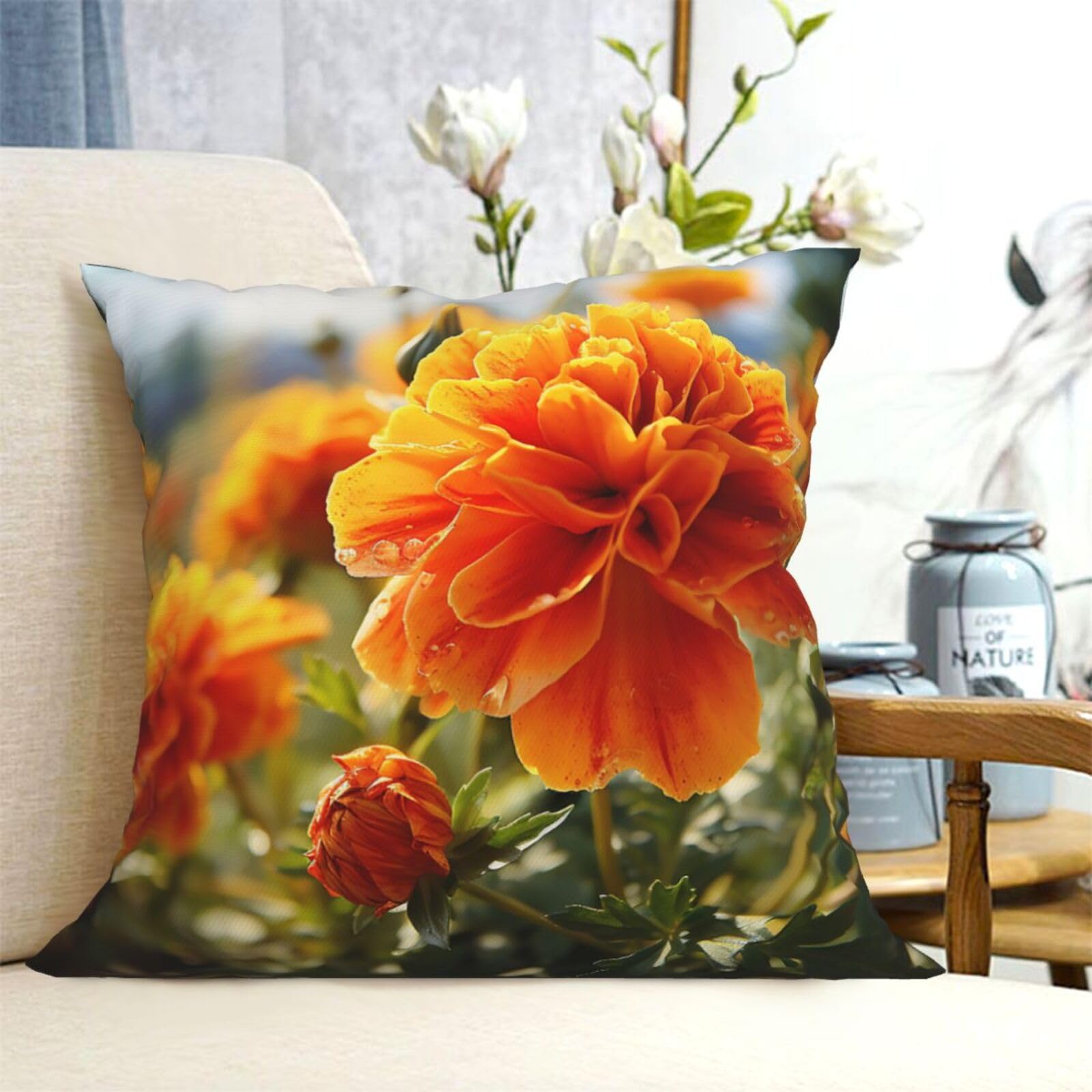 Fodpand Black Decorative Throw Pillow Covers 18"X18" Marigold Flower Autumn Flowers Cushion Cases Square Modern Farmhouse Pillow Cases Soft Cozy Cushion Covers For Couch Sofa Bedroom Home Decor Pillowcase