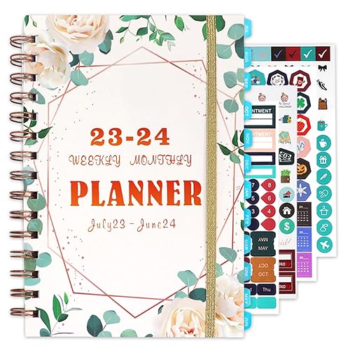2023-2024 Mid Year Diary with Stickers, Week to View - Daily Planner Notebook July 2023 - June 2024, 12 Months- Weekly Planner Notebook with Monthly Tabs &amp; Inner Pocket, for Study, Work, 6.2in x 8.5in