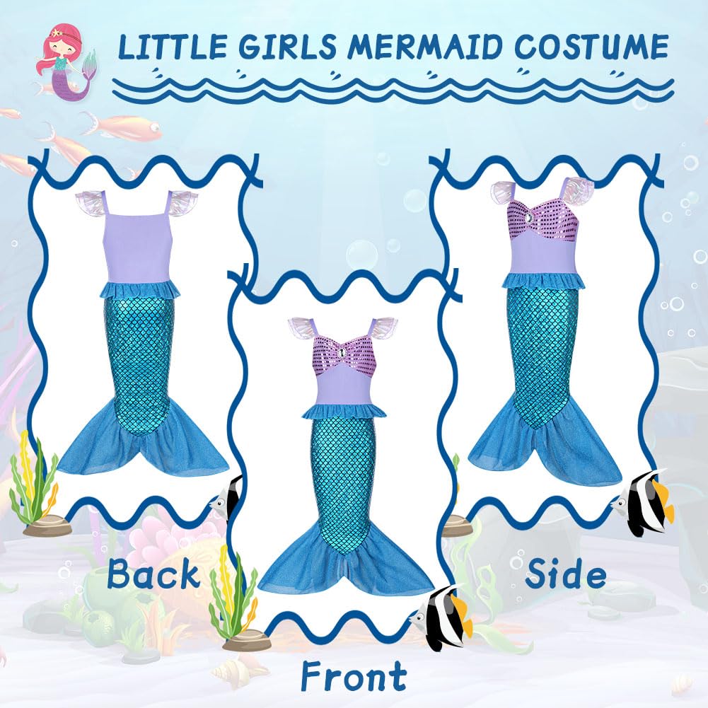 AOOWU Meerjungfrau Kostüm Mädchen, Set Meerjungfrau Kleid Mädchen mit Perücke, Lila Krone und Zepter, Kostüm Kinder für Karneval Party Halloween Weihnachten Cosplay