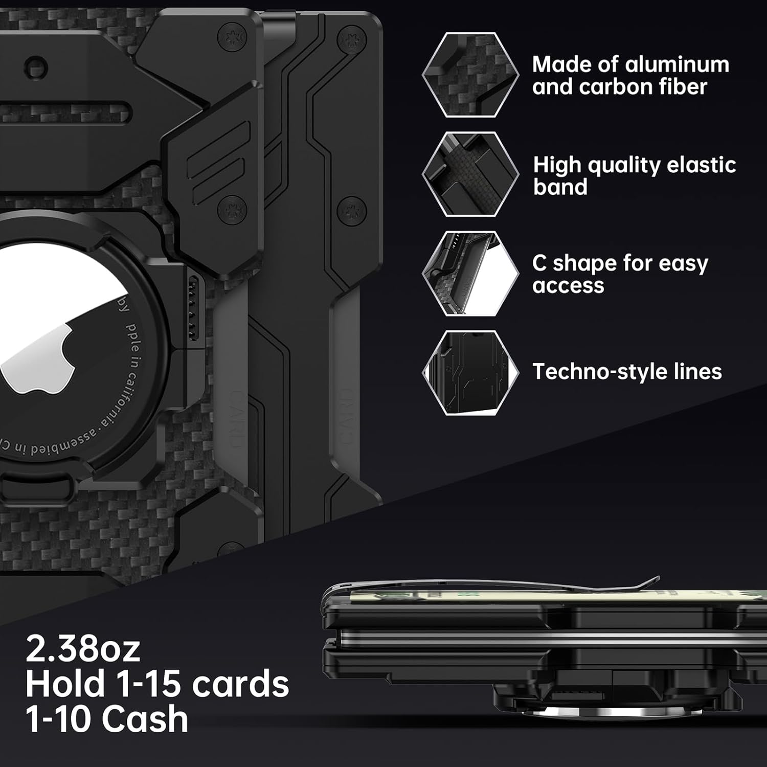 Minimalist Wallet for Men with Airtag Holder - Mech Design, Carbon Fiber and Aluminum, RFID Blocking, Credit Card Holder, Compact Wallet with Money Clip(Black) - Image 4