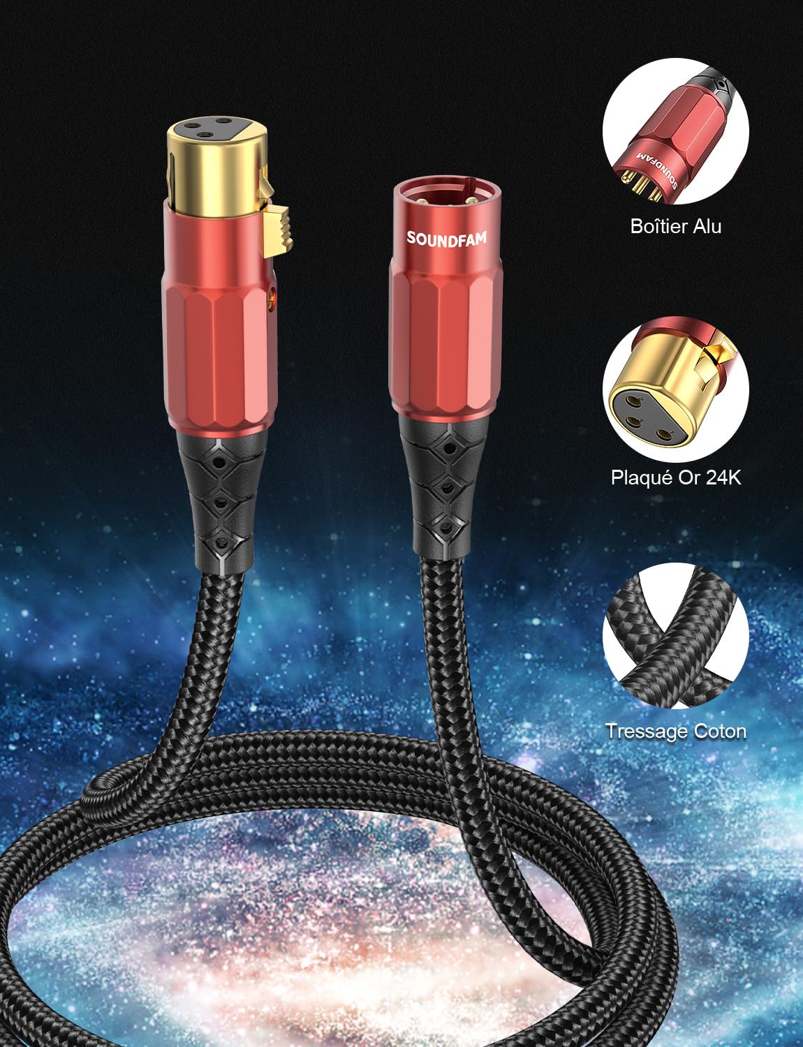 Câble XLR pour Microphone | Connecteurs XLR Dorés 24K | Double Blindage Avec Câble OFC 99,99% | Studio, Scène, Podcast, Streaming en Direct [3m-Rouge]
