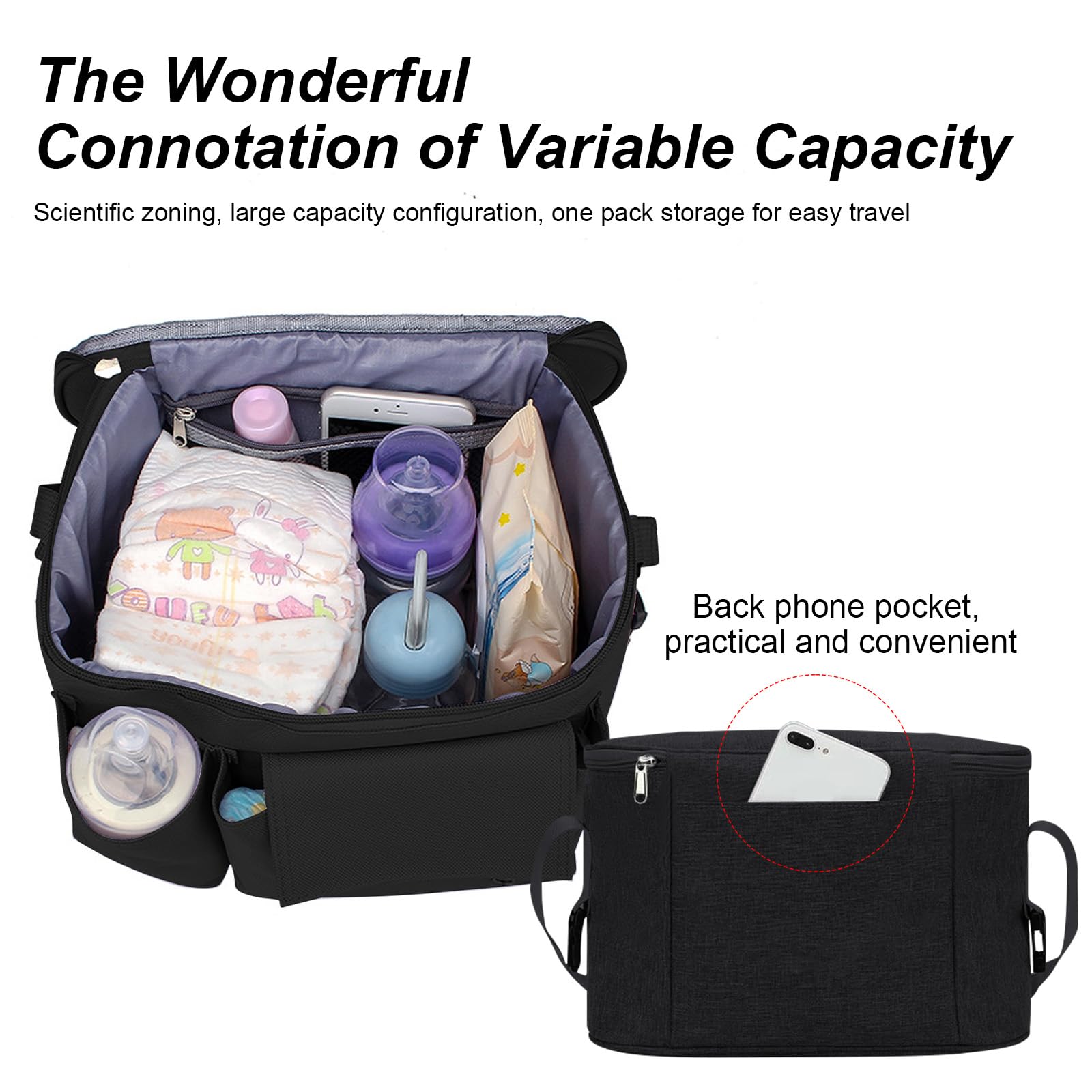 BouGPeng Borsa Organizer per Passeggino con Cerniera e Tracolla e Portabicchieri Universale Portaoggetti da Appendere Passeggino Impermeabile Nero Organizzatore per Passeggino Bambini
