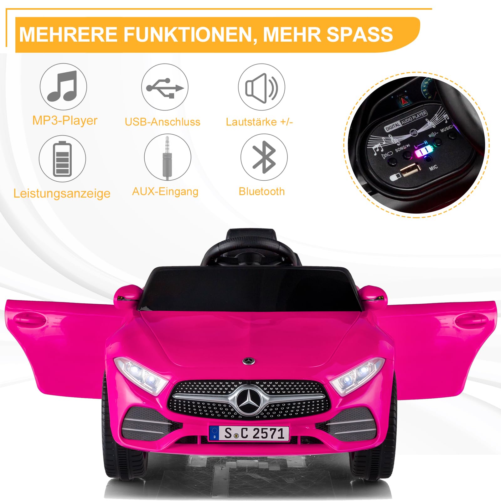 LEADZM Kinder Elektroauto 12V mit 2.4G-Fernbedienung – Elektrofahrzeug 2-türig mit MP3, Hupe, LED-Leuchten (Rosa1)