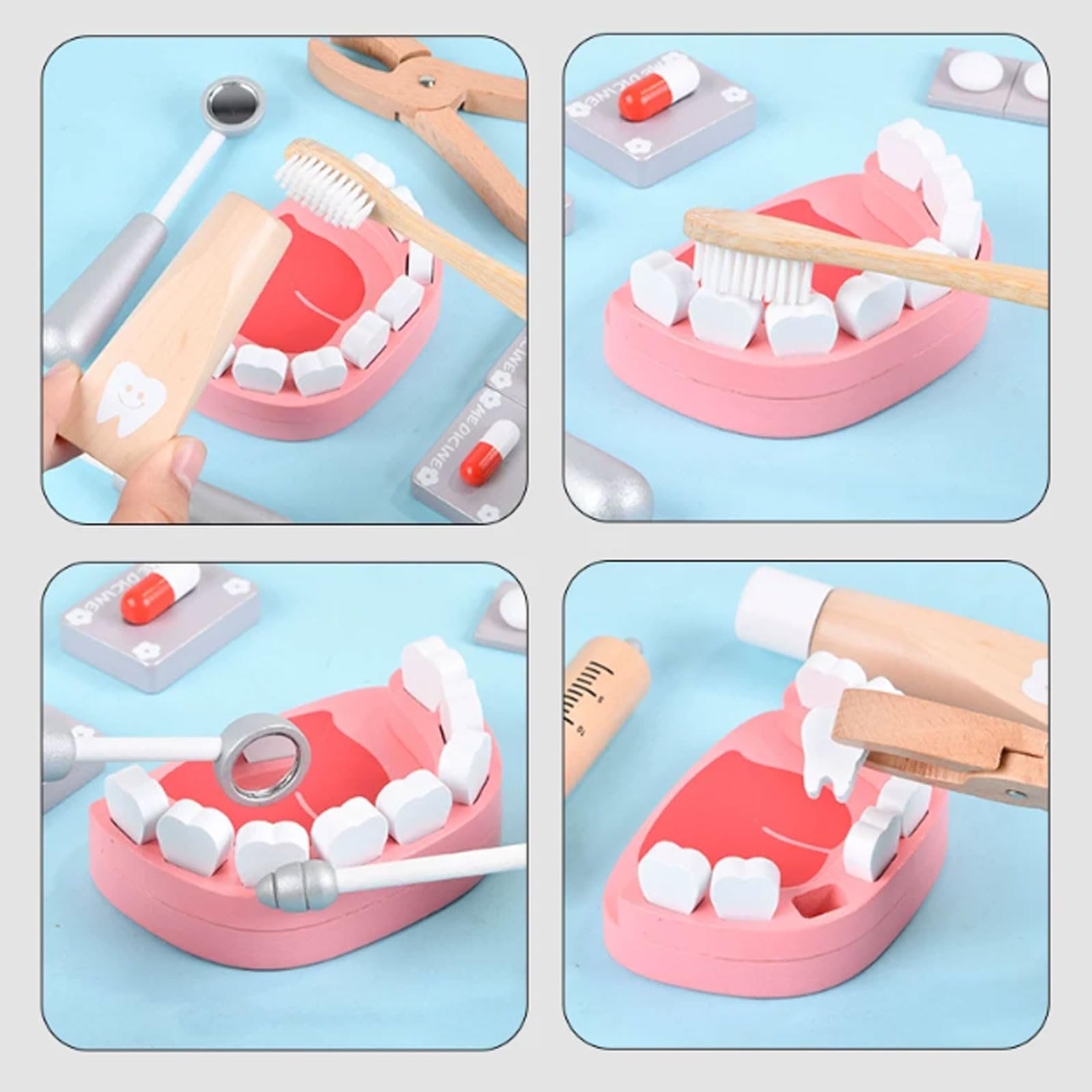 Set da Gioco di finzione Montessori in Legno per Dottore e Dentista | Kit Medico per Bambini con Stetoscopio Reale, Siringa per Iniezioni e Borsa Medicale per la Conservazione
