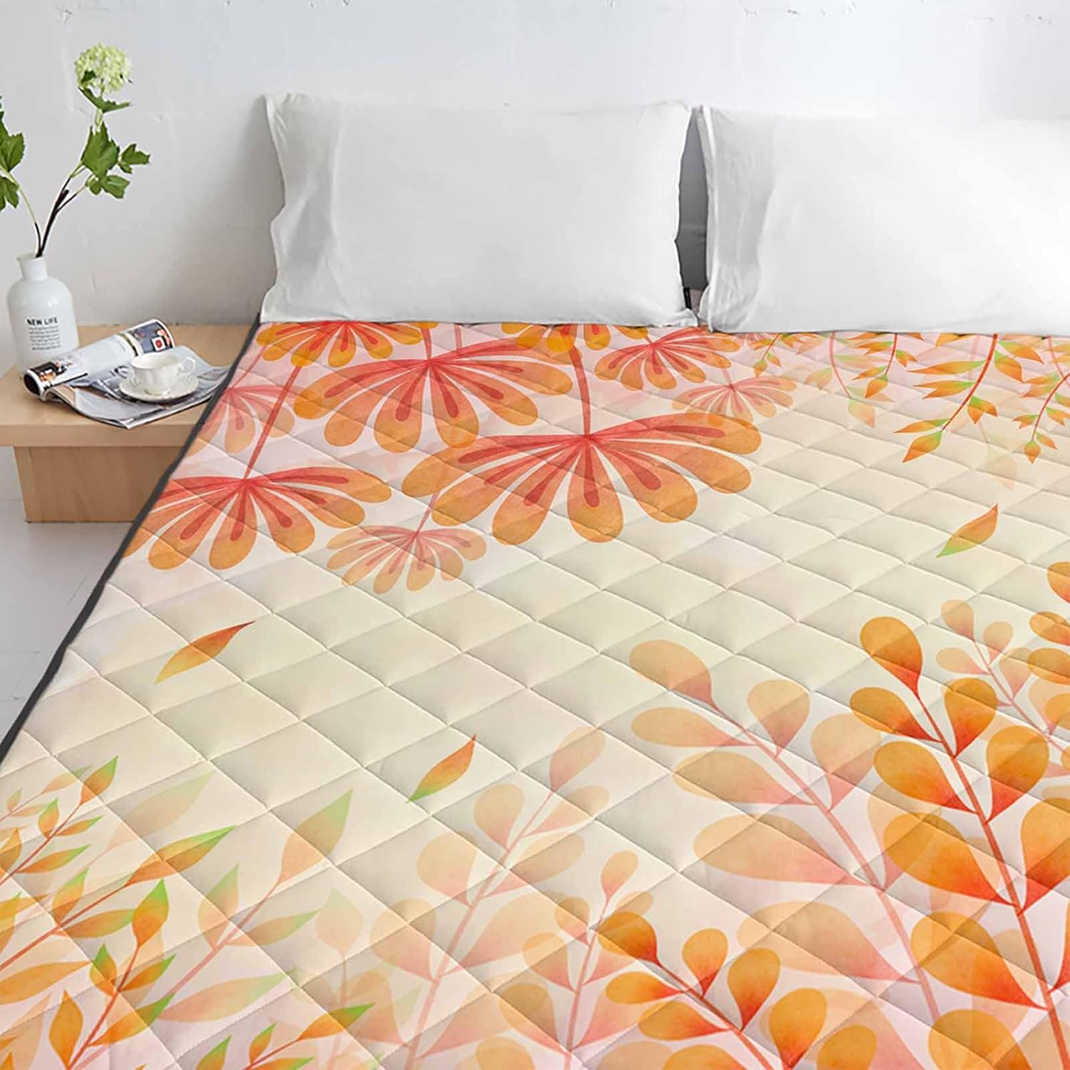 T&H XHome Quilt California King Luxury Quilted Comforter Bedspread-Thin Soft Cozy, Thanksgiving Fall Watercolor Autumn Leaf Plant Reversible Stitched Lightweight Quilt Coverlet for All Season