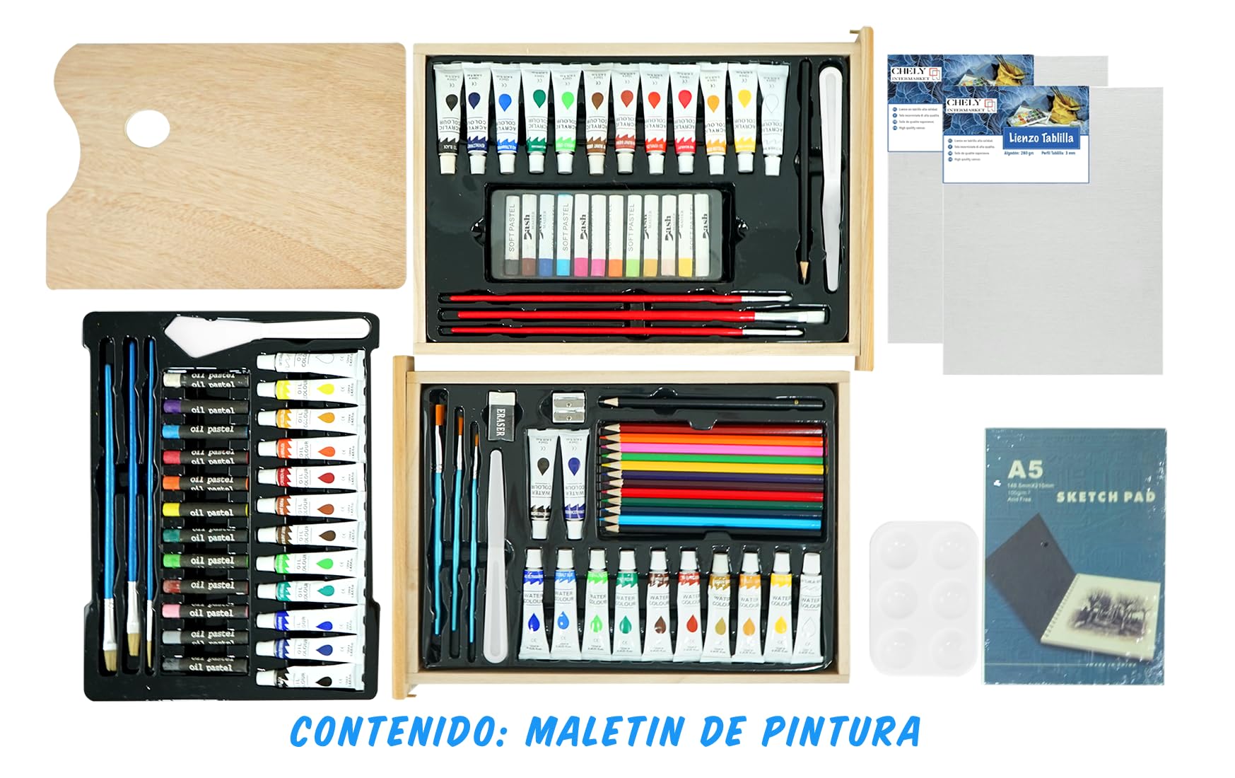 CHELY INTERMARKET Set Pintura 94 Piezas Caballete Maletín Madera Para Mesa Acrílicos Lienzo Pinceles Paleta Pintar Kit Artístico Niños Adultos Principiantes Regalo Creativo Portátil Compacto