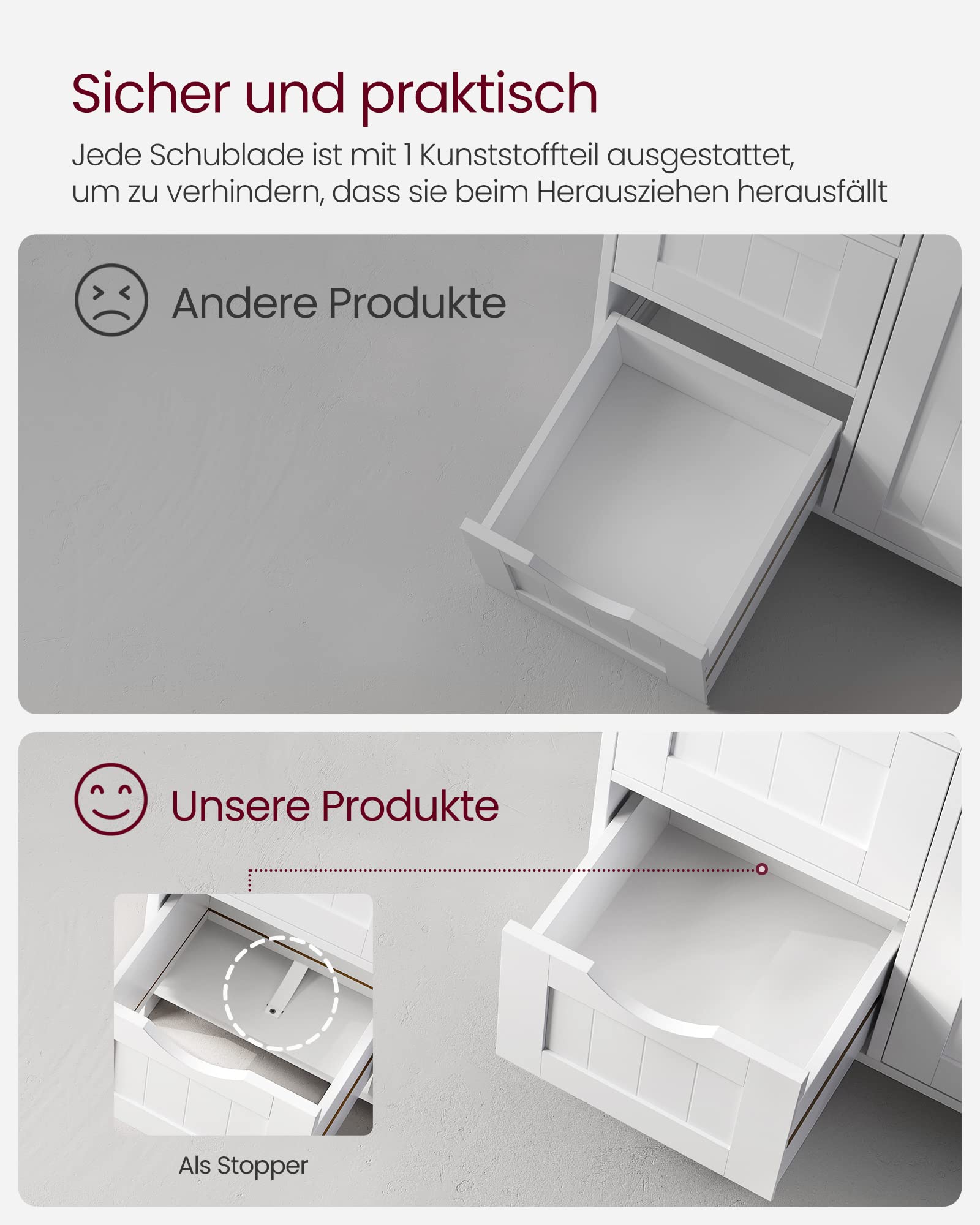 VASAGLE Badezimmerschrank, schmaler Badschrank, Beistellschrank, Kommode, mit 4 Schubladen, Schranktür, verstellbare Ablage, 30 x 55 x 82 cm, weiß LHC41W