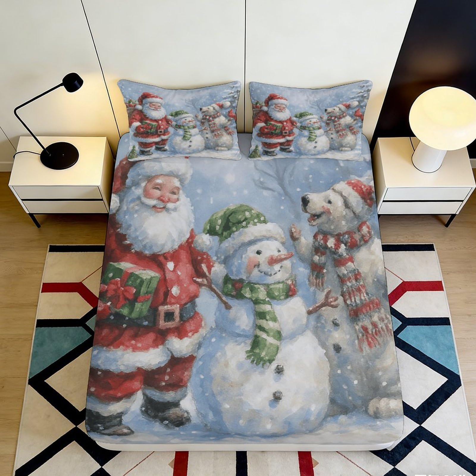 Jqzkxnhpbr Style-2 3D Printed Christmas Santa Fitted Sheet Microfiber Soft Snowman Polar Bear Mattress Cover For Bedroom Guest Room Decor 90X200x25cm