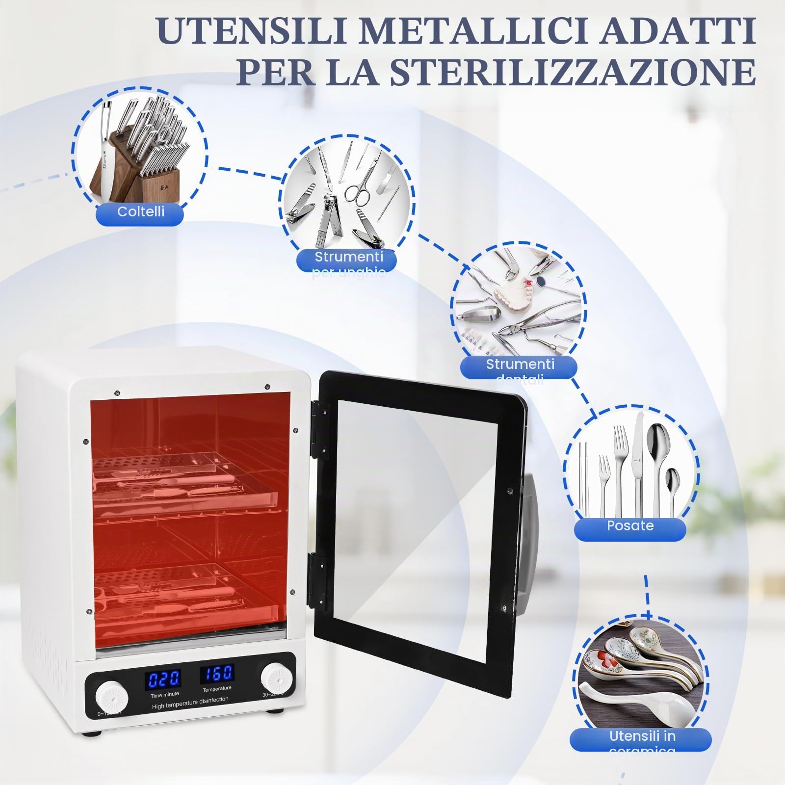 Sterilizzatore ad alta pressione 12 L, sterilizzatore ad aria calda 600 W a calore secco, display temperatura LED, per saloni manicure, pedicura, centri estetici e studi tatuaggi