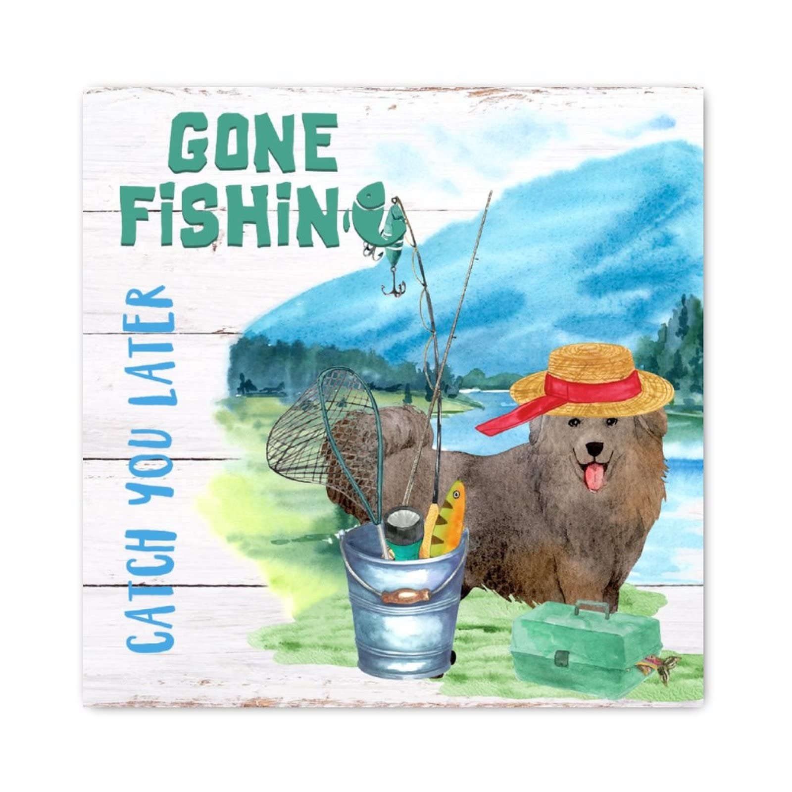 Panneau Gone Fishing Corgi cadre bois deco murale moderne maison