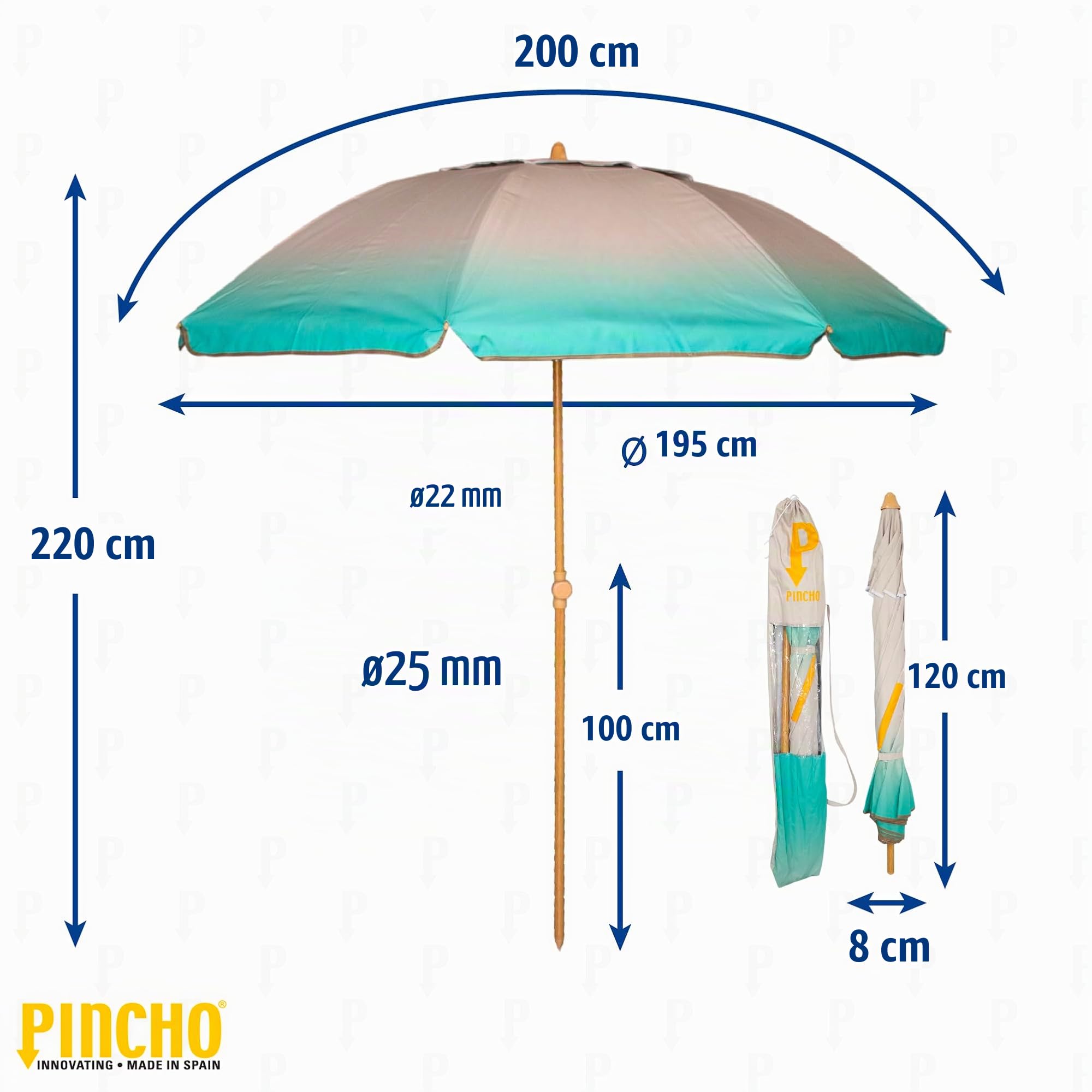 Pincho Sombrilla Playa Grande Familiar 200 cm, Sombrilla Playa Anti Viento UV50 Inclinable con Ventana, Soporte Anclaje y Bolsa Transporte, Tubo Aluminio Oxford, 8 Varillas Flexibles Fibra Vidrio