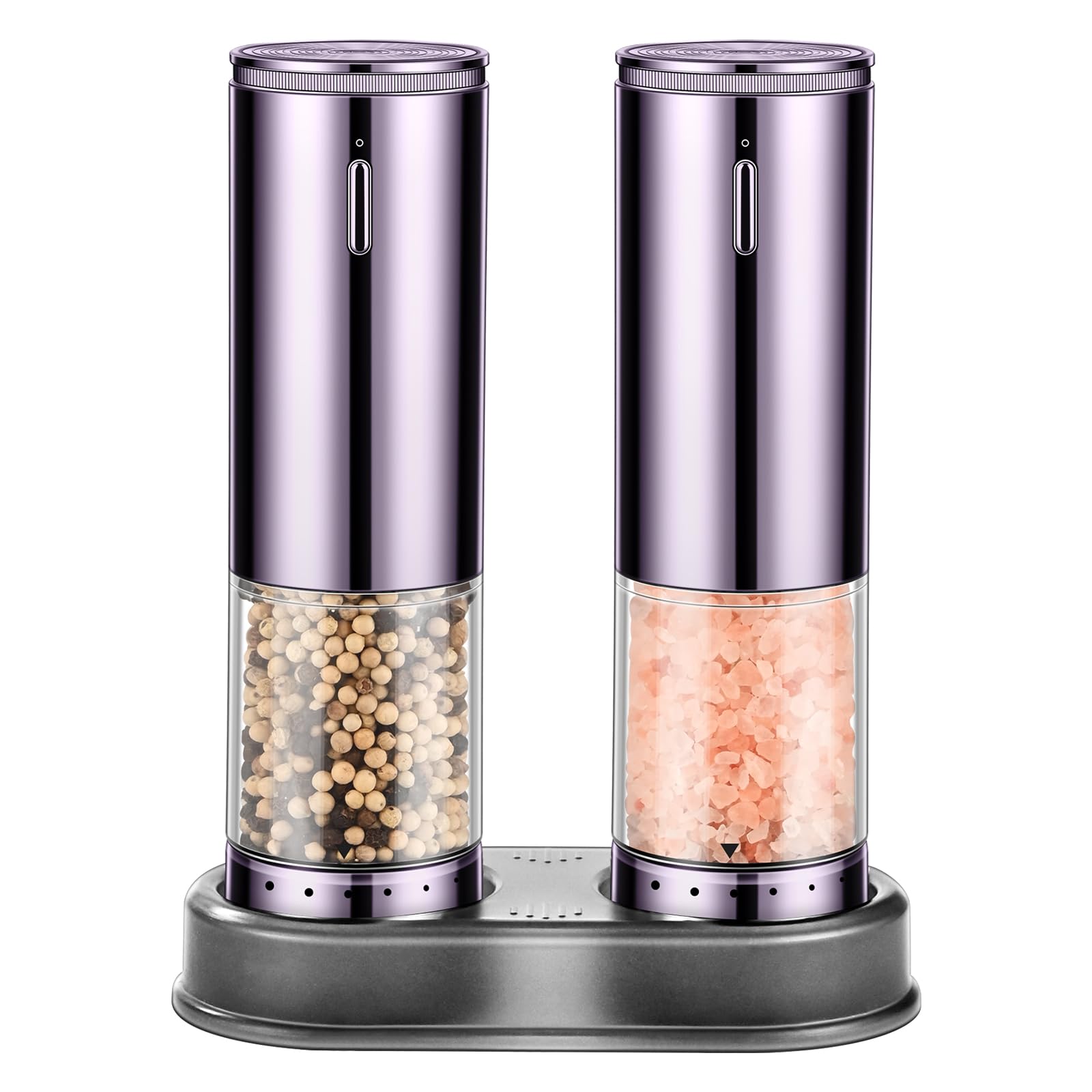 Photo 1 of ***ONE IS NON FUNCTIONAL ** Electric Rechargeable Salt and Pepper Grinder Set - Automatic Grinder, External Adjustable Coarseness, LED Light, One-Hand Operation, Stainless Steel & Acrylic, USB Charging, Purple (Set of 2)
