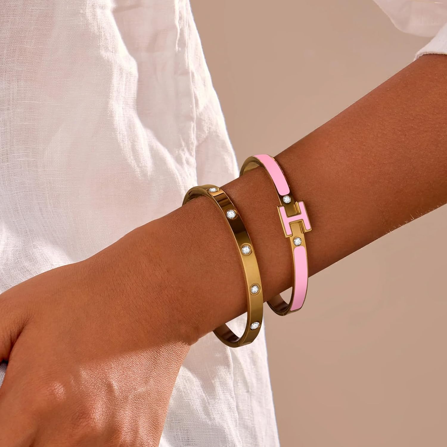 H Bracelets for Women 18K Gold Plated Bangle Bracelet Stack Cubic Zirconia Love Bangle Bracelets Set Gold Bracelet Stackable Trendy Jewelry Birthdays Christmas Gifts for Women - Image 4