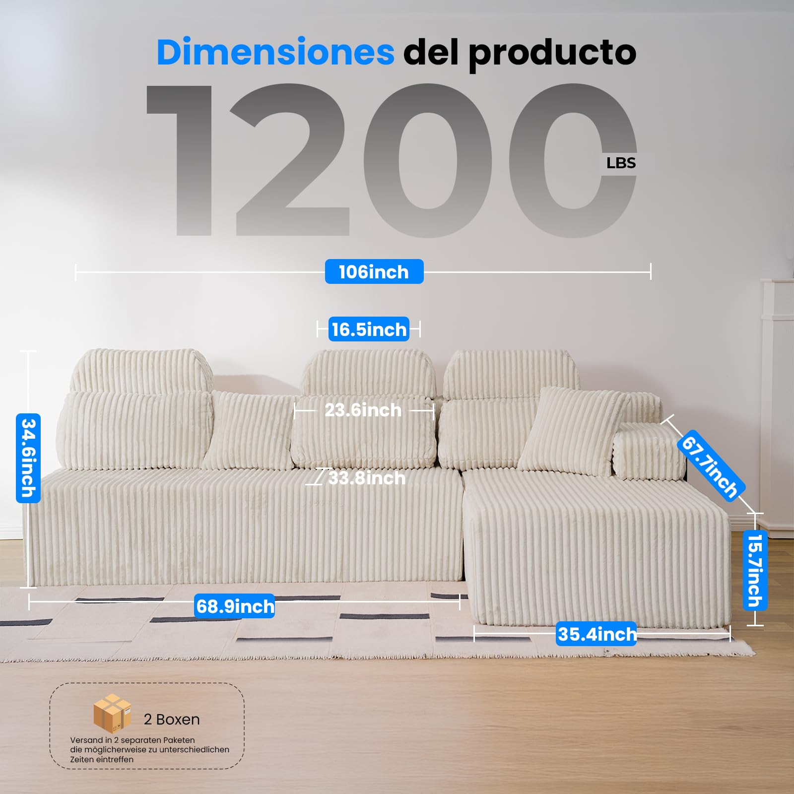 HOMRELEXA Sofá de 276 cm con Respaldo Alto, sofá Cama en Forma de L de Pana, sofá de 3 plazas con otomana Izquierda o Derecha, sofá Relax para salón, Independiente, sin Montaje (Beige)