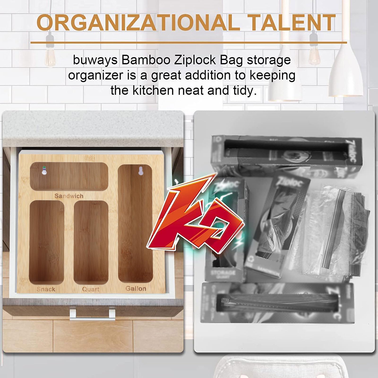 Dispenser organizer per sacchetti a chiusura lampo per cassetti da cucina, in bambù, compatibile con Ziploc, Solimo, Gallon, Quart, Sandwich, Snack