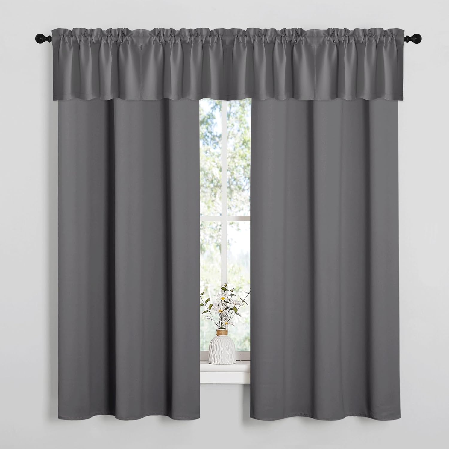 NICETOWN 2 Panles 42 x 68 inches Long Grommet Blackout Window Curtains with 4 Panles 42 x 16 inches Length Blackout Valances for Bedroom Living Room Decor, Grey