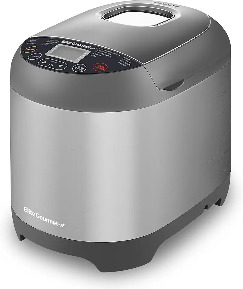Elite Gourmet EBM8103SS Máquina de fazer pão programável, 3 tamanhos de nozes, 19 funções de menu, sem glúten, trigo branco, centeio francês e mais, 900 g, aço inoxidável