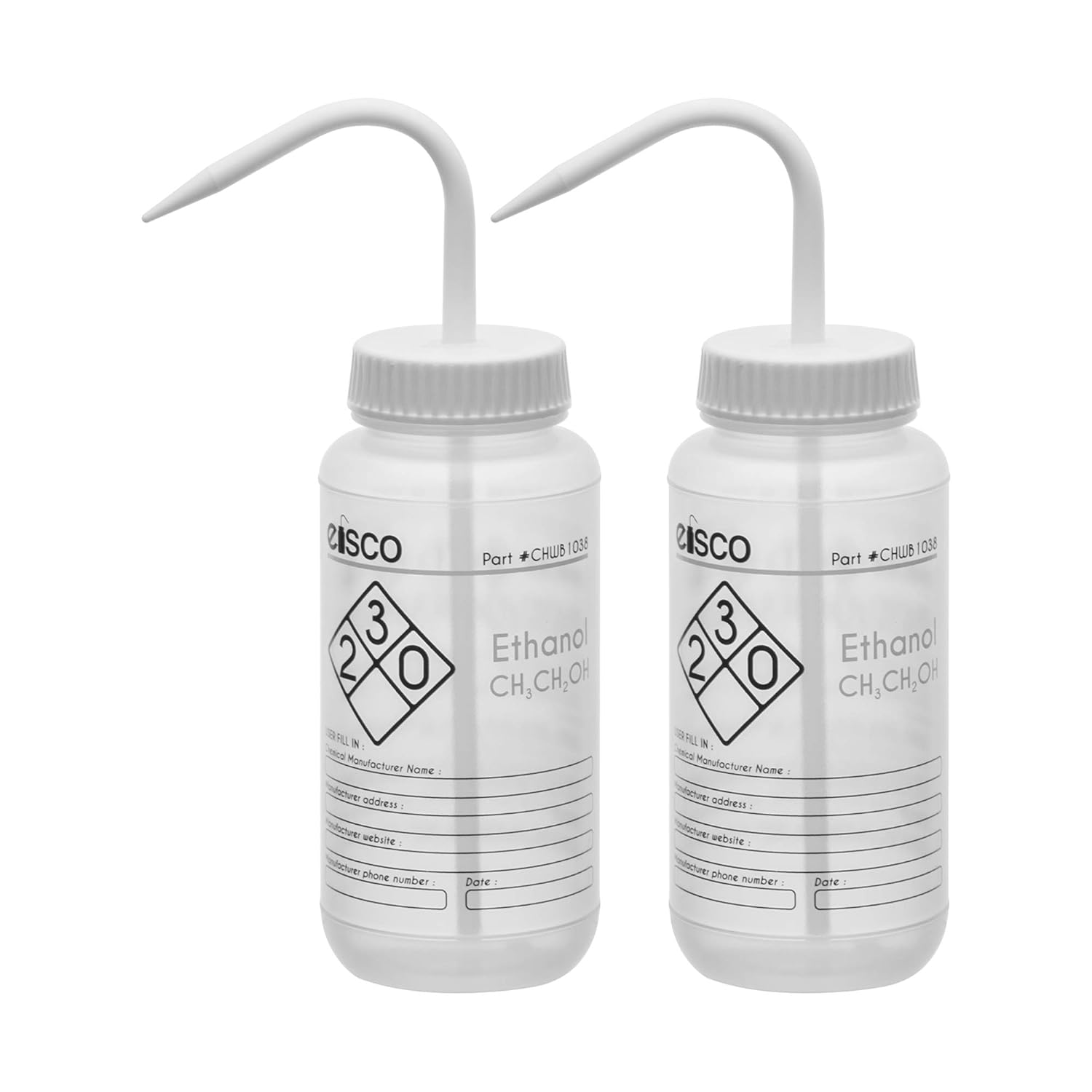 EISCO 6PK Wash Bottle for Ethanol, 500ml - Labeled with Color Coded Chemical & Safety Information (2 Color) - Wide Mouth, Self Venting, Low Density Polyethylene Labs