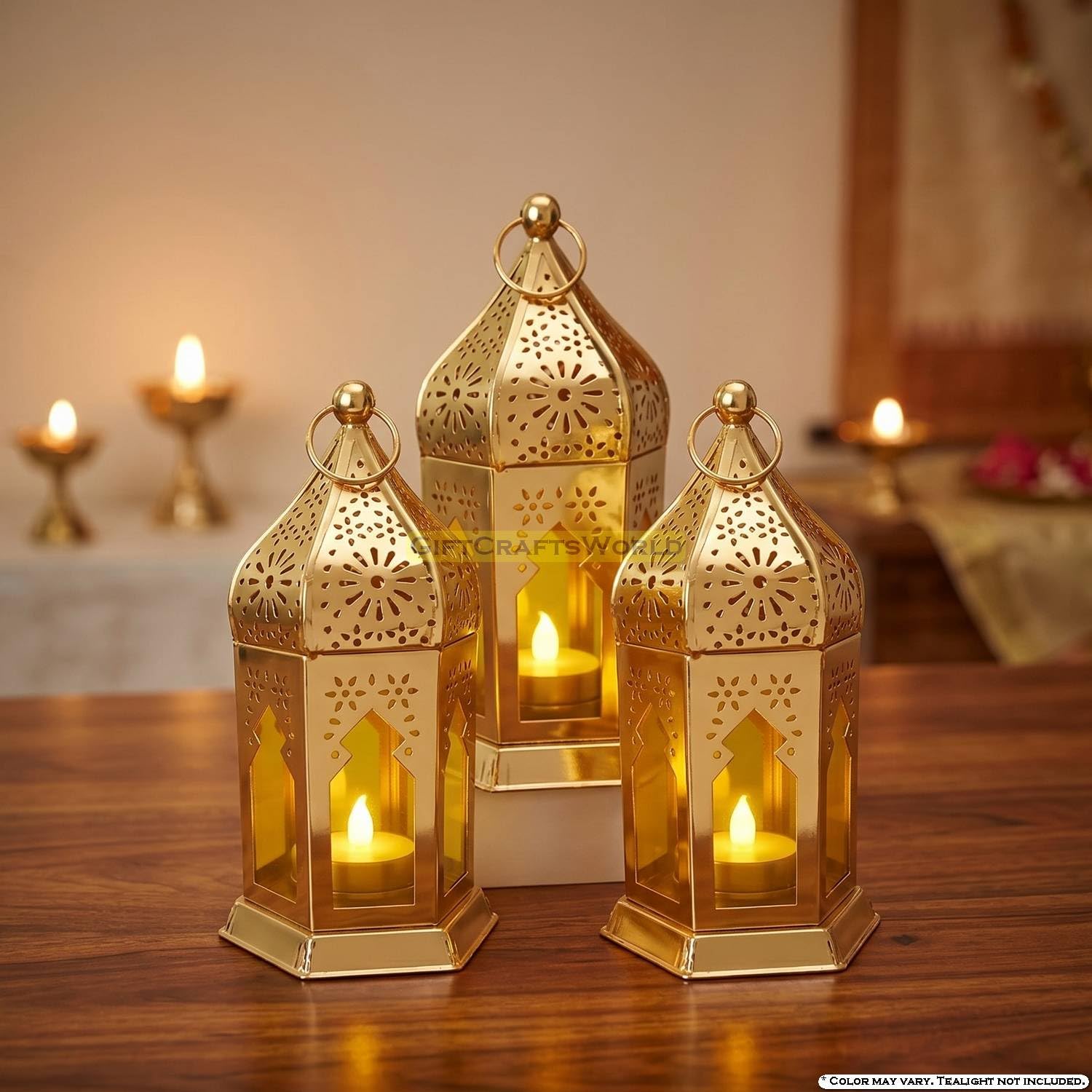 Metal Lantern Lights for Diwali Decoration, Hanging Home Centre Decor Lamp to Illuminate Your Festive Spaces, Living Room & Balcony with Bright Elegance (Yellow, Pack of 3)-image-1