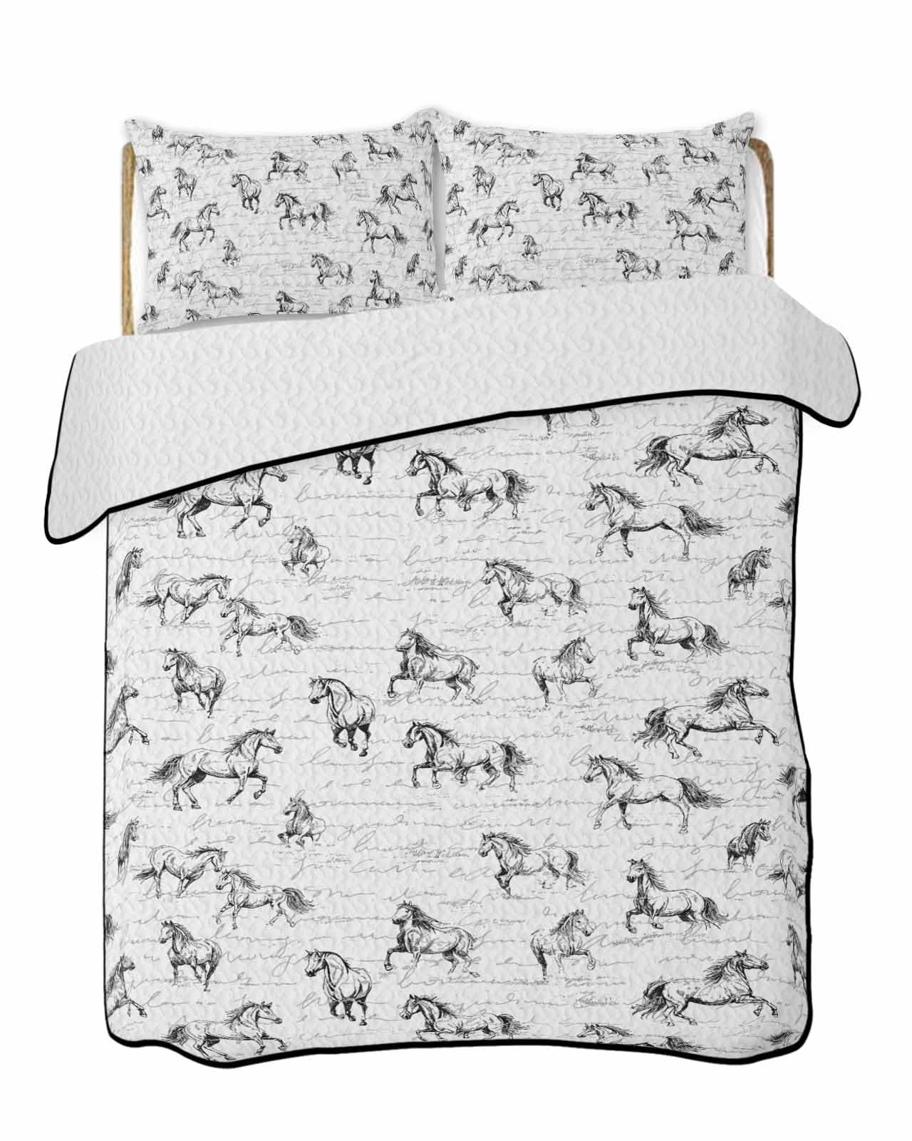 3-Piece Summer Quilt Twin XL Size, Running Horse Lightweight Cooling Bedding Comforter Blanket with 2 Pillow Shams, Retro Black Minimalist Animal Sketch Bedspreads Quilted Coverlet Sets 68