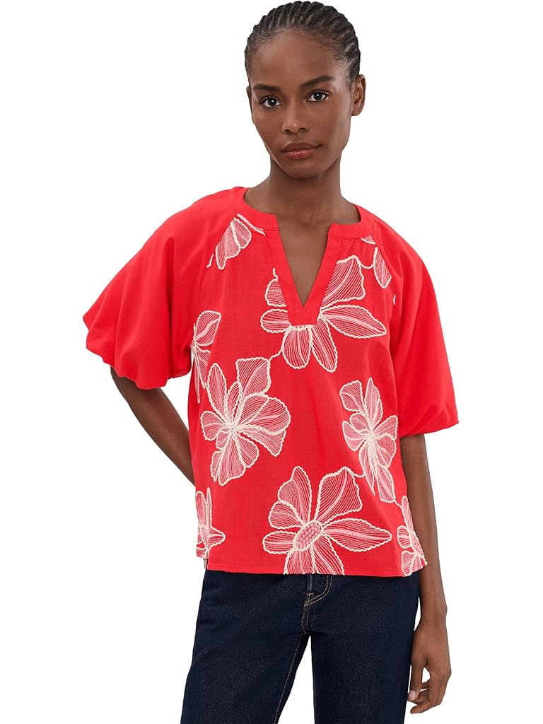 Red Vince Camuto Contrast Split Neck Band Bubble Sleeve