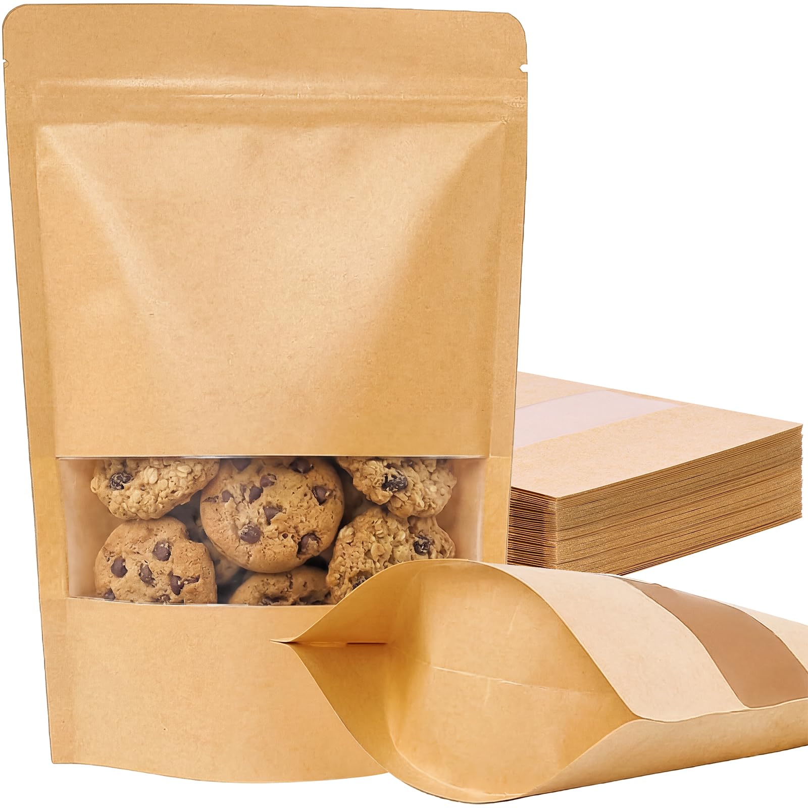 Moretoes 72pcs Stand Up Pouch Bags, 7x10 Inches Kraft Paper Ziplock Bags with Window,Resealable Pouches for Coffee, Applicable to Home or Business for Packaging