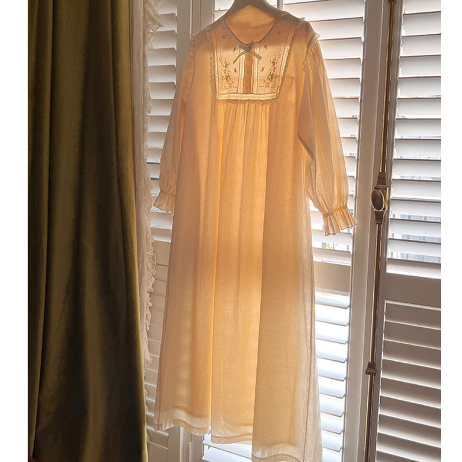OFFSUM Camisón De Pijama De Mujer - Algodón Vintage Elegante Bordado Jacquard Vestido Suave Dulce Camisón Primavera Otoño Moda Casual Lencería Camisón