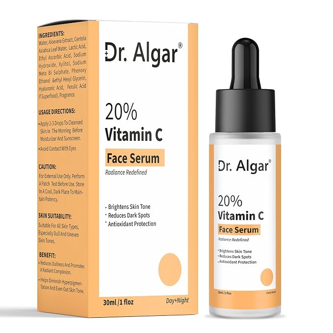 Dr. Algar 20% Vitamin C Serum for Glowing Skin | Vitamin C + Ferulic Acid | Water-Based Formula | Highly Stable Serum for Women and Men | Beginner-Friendly | 10 ml