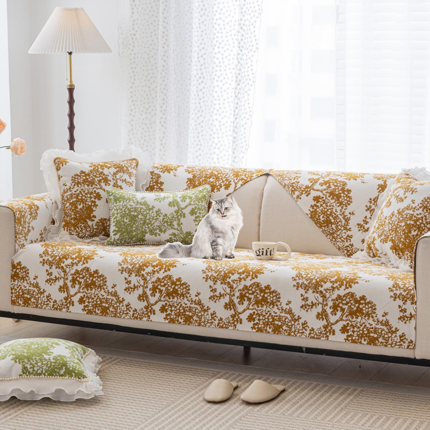 Housse de canapé chenille jaune jacquard pour protéger le salon familial