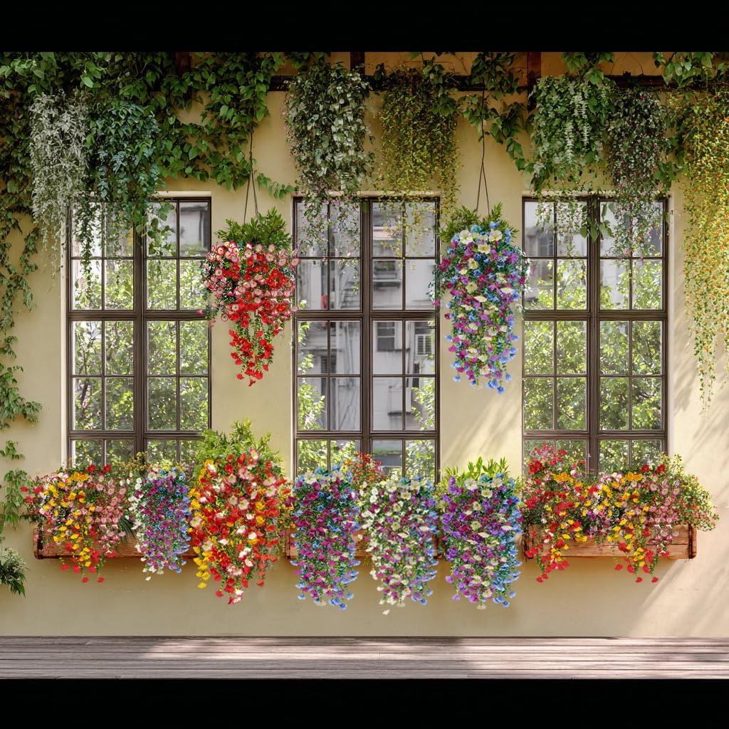 8 Pcs Artificial Hanging Flowers for Outdoors Fake Morning Glory for Home Decoration UV Resistant Mixed Color Greenery and Flowers for Porches Gardens Yard Decor (Cold Color) - Image 3