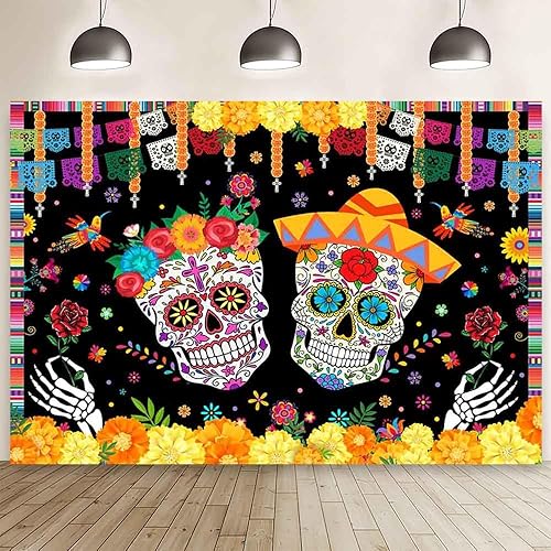 Miniatura 8 de MEHOFOND Telón de fondo del Día de los Muertos de 7 x 5 pies, diseño de calavera de azúcar Dia De Los Muertos, fondo de fotografía, Fieasta