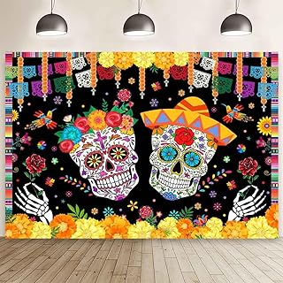 MEHOFOND 7x5ft Day of The Dead Backdrop Sugar Skull Dia De Los Muertos Photography Background Mexican Fieasta Marigold Red Floral Dress up Festival Party Decor Cake Table Banner Photo Booth Supplies