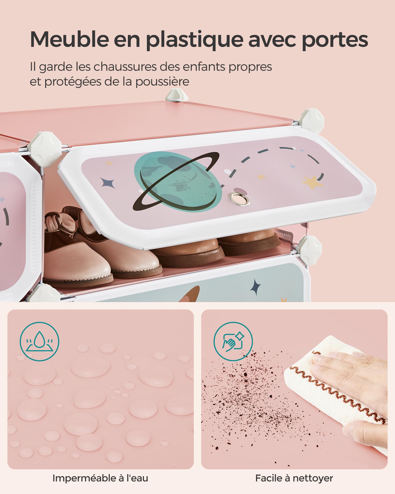 SONGMICS LPC907R01 Étagère modulaire à 12 Cubes en Plastique avec Portes pour vêtements, Chaussures, Jouets 31 x 81 x 106 cm Rose