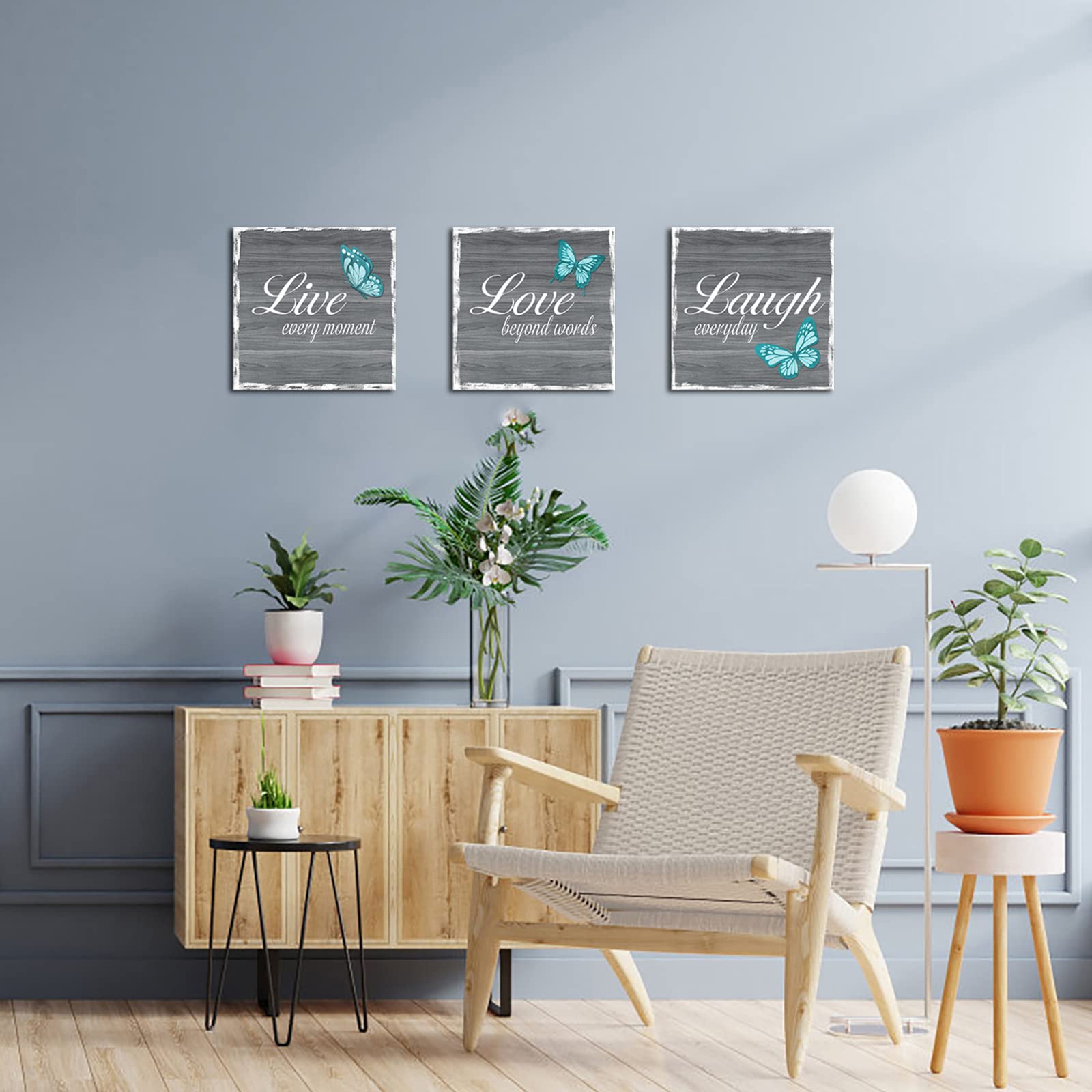 RnnJoile 3 Pieces Live Laugh Love Wall Art Decor Inspirational Quotes with Teal Butterfly in Gray Painting Poster for Home Living Room Bedroom Bathroom Kitchen Office Framed Ready to Hang 12x12 Inch